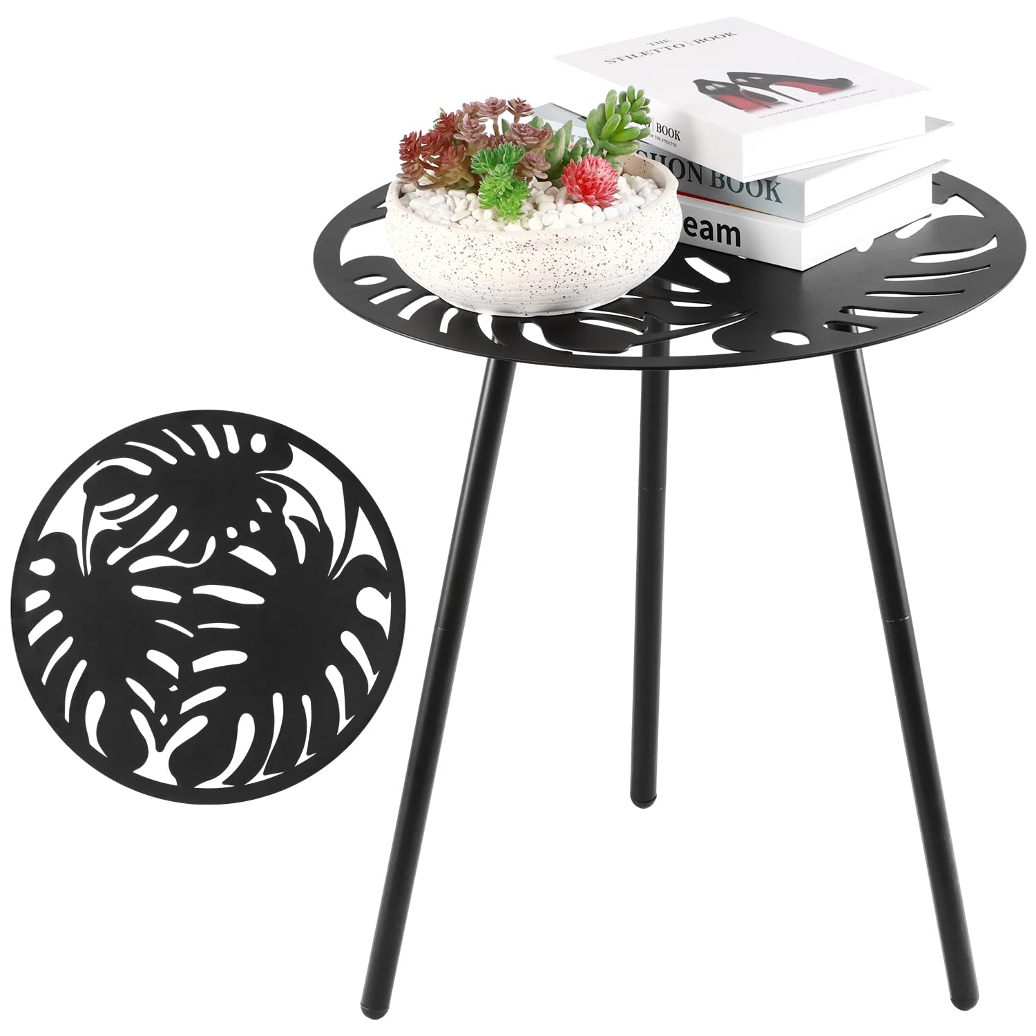Metal Outdoor Side Tables Set of Two Small Outside Round End Table for Patio Modern Accent Garden Corner Table for Small Spaces, Balcony, Porch, Weather-Resistant, Plant Stand Indoor, Black