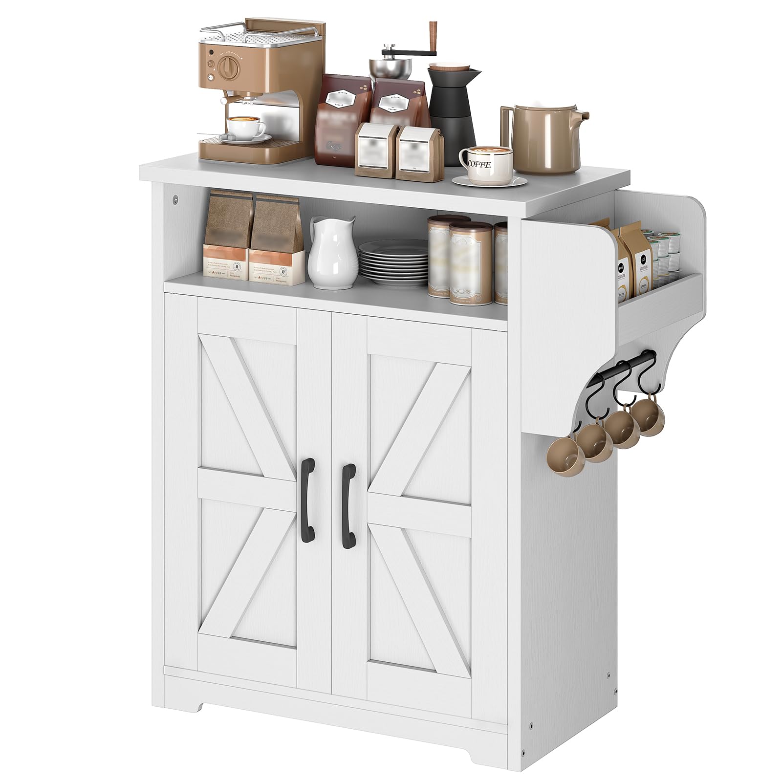 Coffee Bar Cabinet, Kitchen Island with Storage, Farmhouse Sideboard Buffet Cabinet with Dual-Purpose Floating Shelf and Hooks, for Kitchen Living Room, White and Natural KF22WN