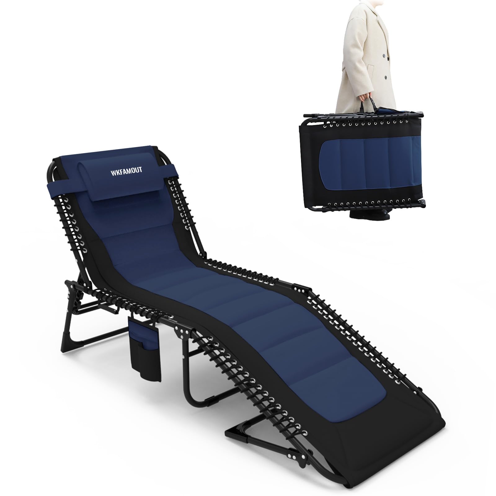 Oversized Padded Outdoor Folding Lounge Chair for Adults 330Ibs Patio Chaise Lounge Chair for Outside 5-Position Adjustable Reclining Beach Chair with Pillow Pocket