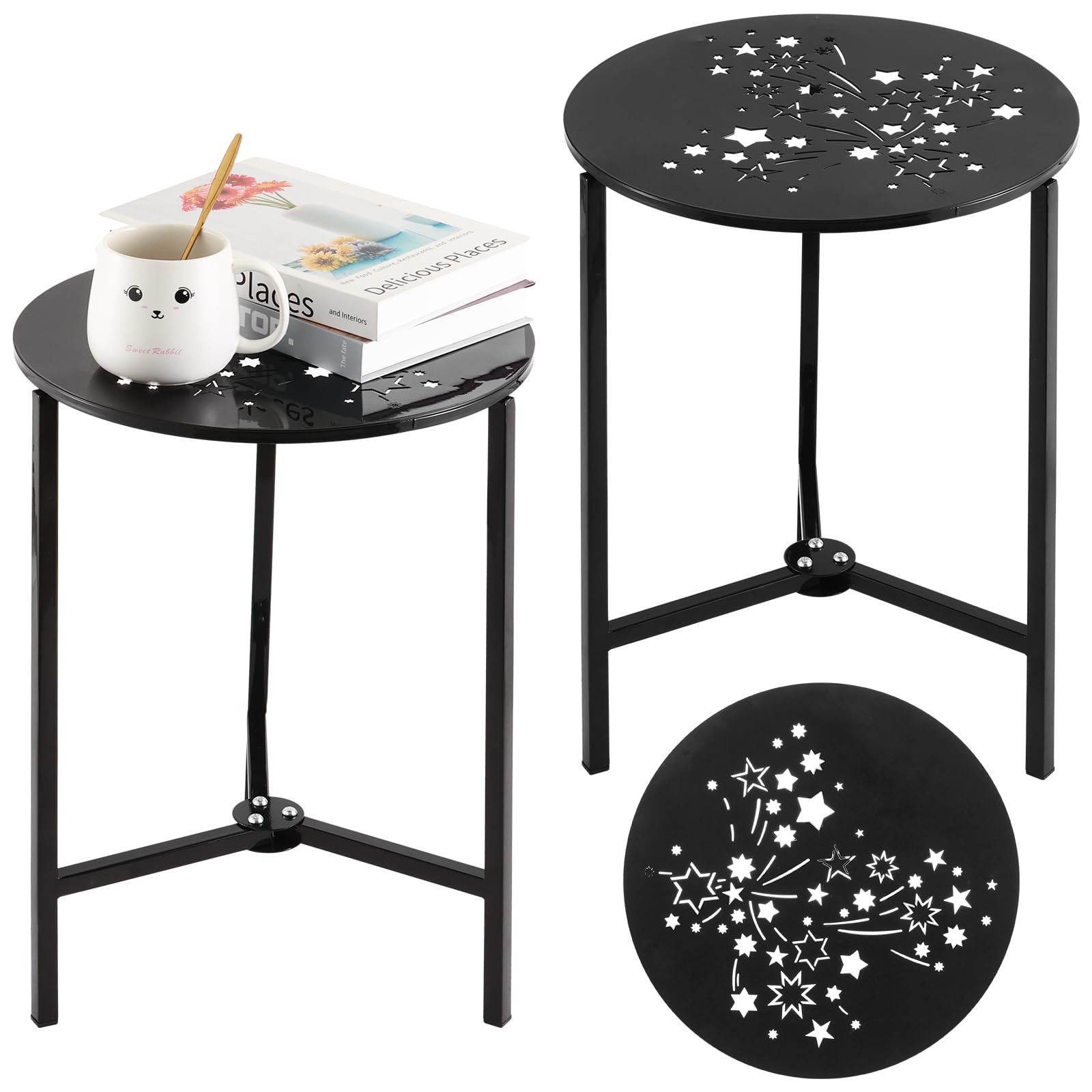Party Zealot Set of 2 Small Round Metal Side Tables, 13-Inch Black Outdoor End Tables for Patio, Balcony, Porch or Garden – Weather-Resistant Corner Coffee Table for Small Spaces & Indoor Plant Stand