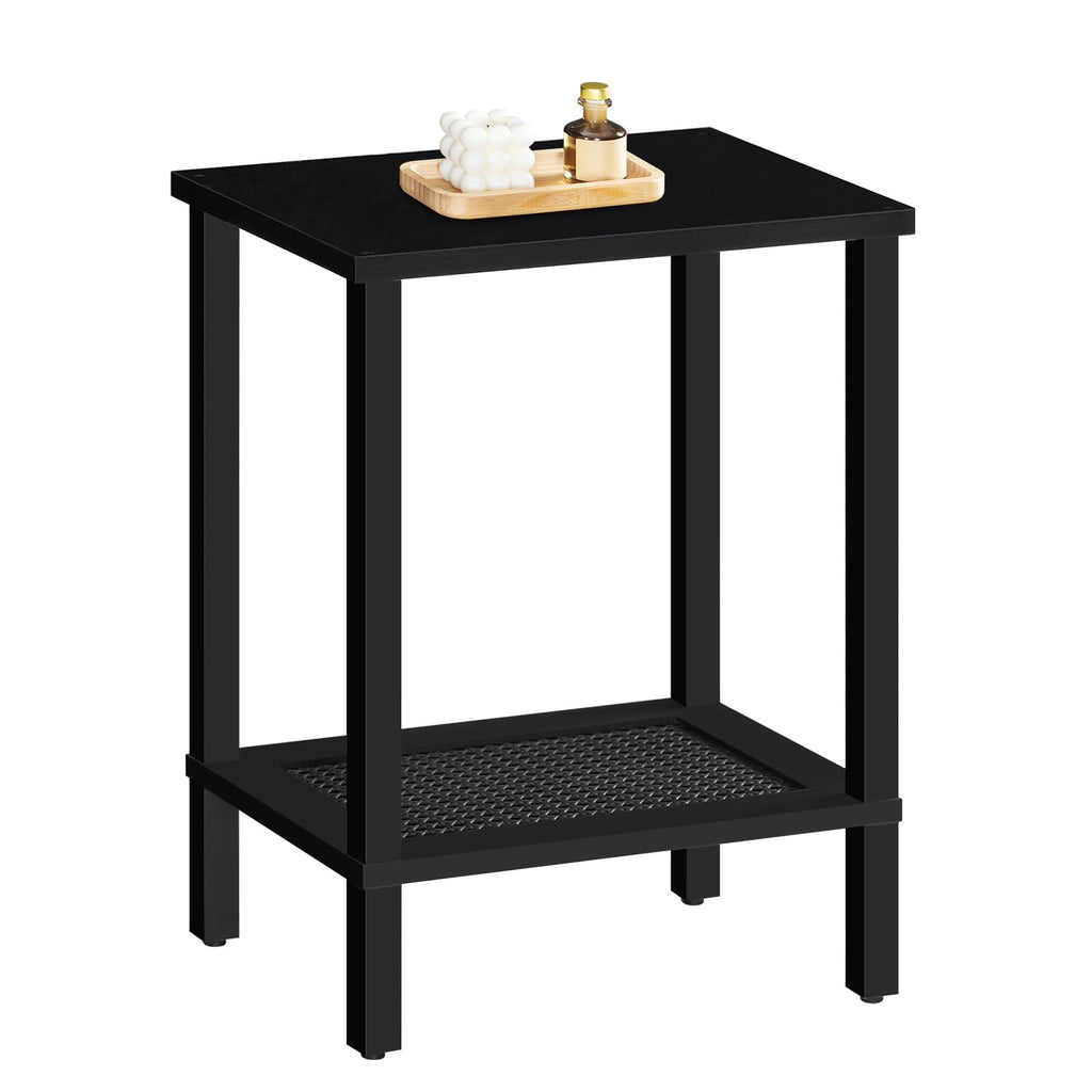 HOOBRO End Tables Set of 2, Small Side Tables with 2-Tier Storage Shelves, Nightstands with Faux Rattan Decoration, for Small Space, Living Room, Bedroom, Rustic Brown and Black BF91BZP201