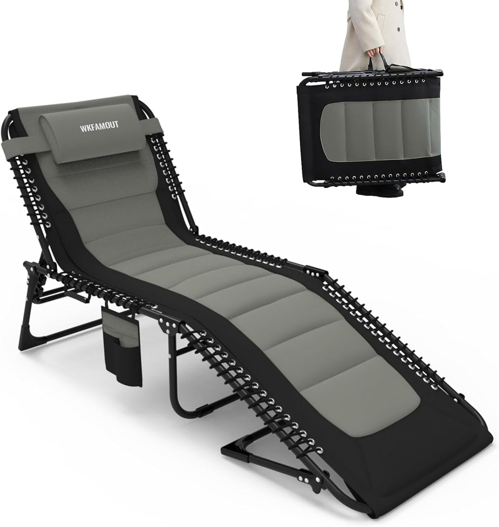 Oversized Padded Outdoor Folding Lounge Chair for Adults 330Ibs Patio Chaise Lounge Chair for Outside 5-Position Adjustable Reclining Beach Chair with Pillow Pocket