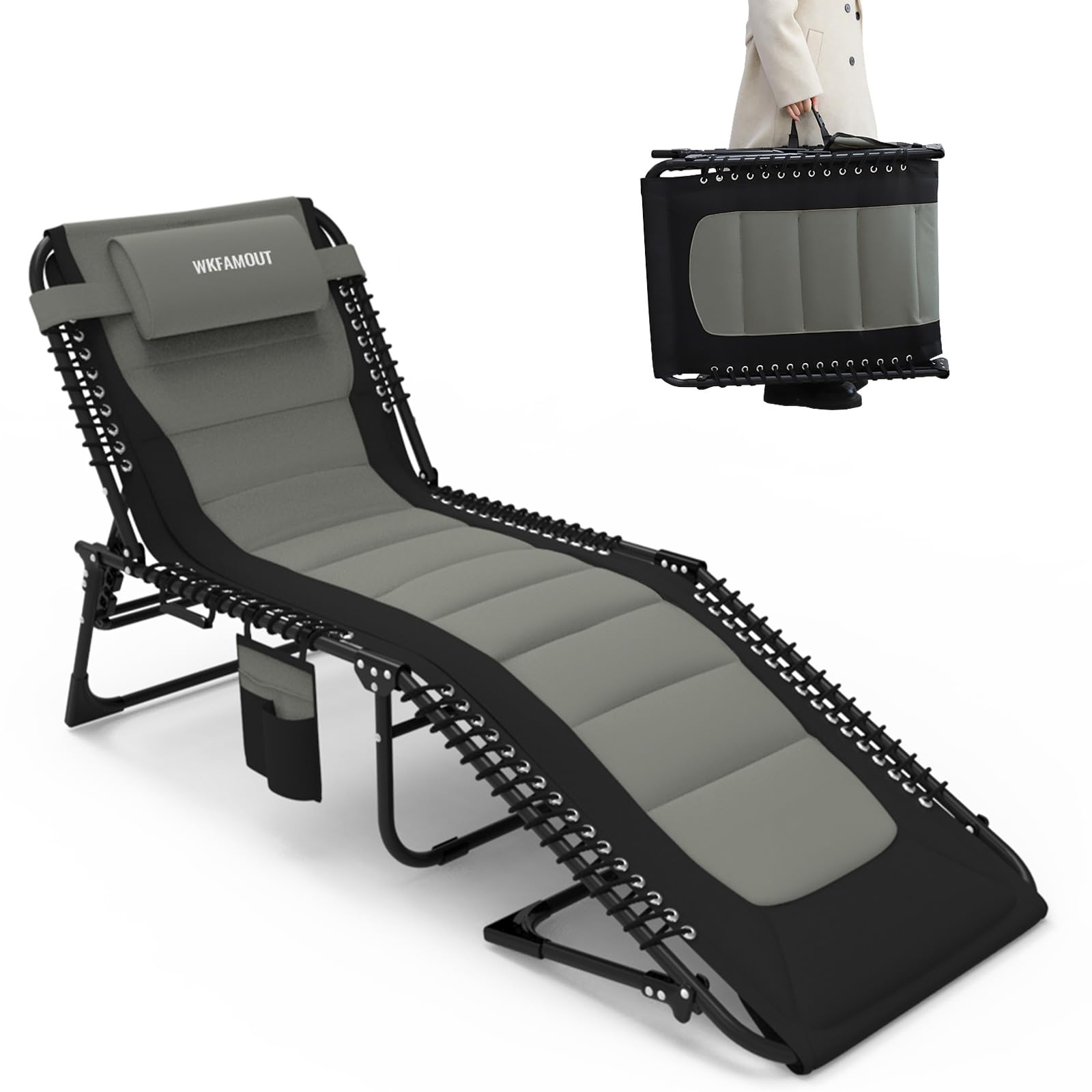 Oversized Padded Outdoor Folding Lounge Chair for Adults 330Ibs Patio Chaise Lounge Chair for Outside 5-Position Adjustable Reclining Beach Chair with Pillow Pocket