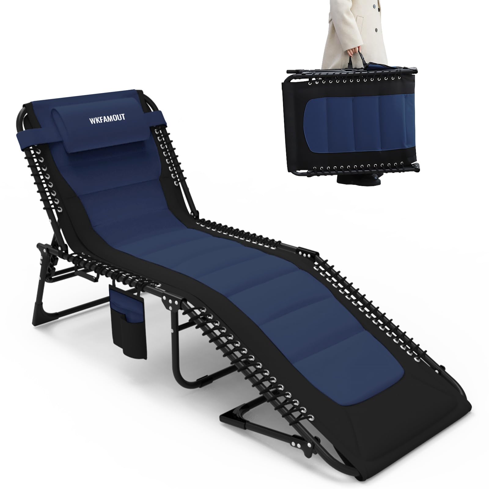 Oversized Padded Outdoor Folding Lounge Chair for Adults 330Ibs Patio Chaise Lounge Chair for Outside 5-Position Adjustable Reclining Beach Chair with Pillow Pocket