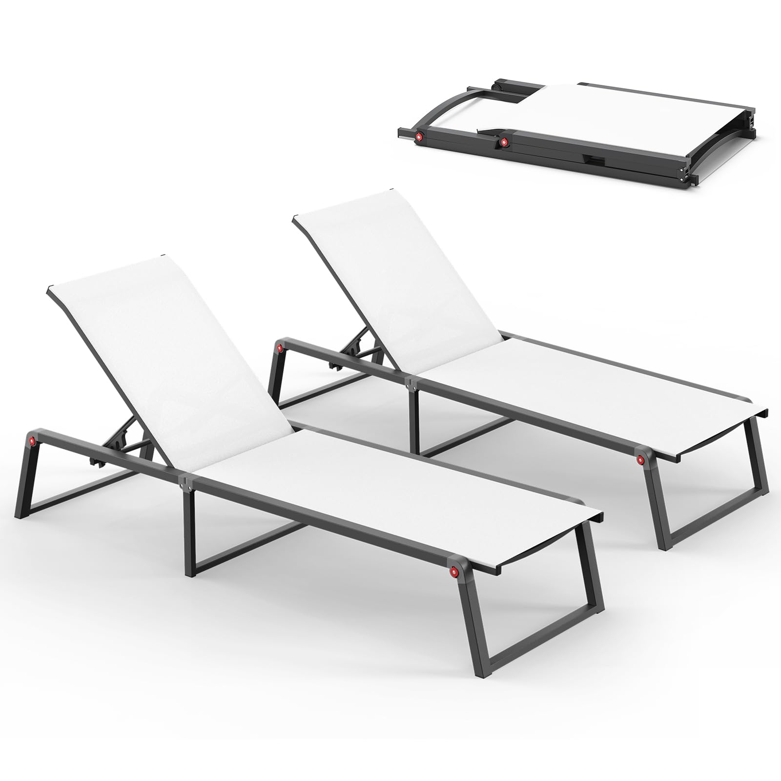 Aluminum Chaise Lounge Chair Outdoor, Foldable & No Assembly Pool Lounge Chairs 5-Position Recliner for Outside Poolside, Fully Grounded Legs Patio Sun Lounger for Pool, Beach, Yard, Dark Grey