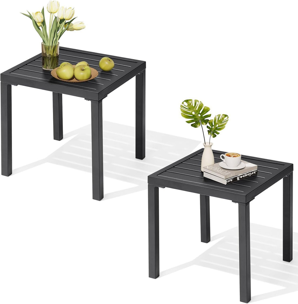 Crestlive Products Outdoor Side Table Set of 2,Black Small Square Metal End Table Weather Resistant Balcony Table for Pool Patio