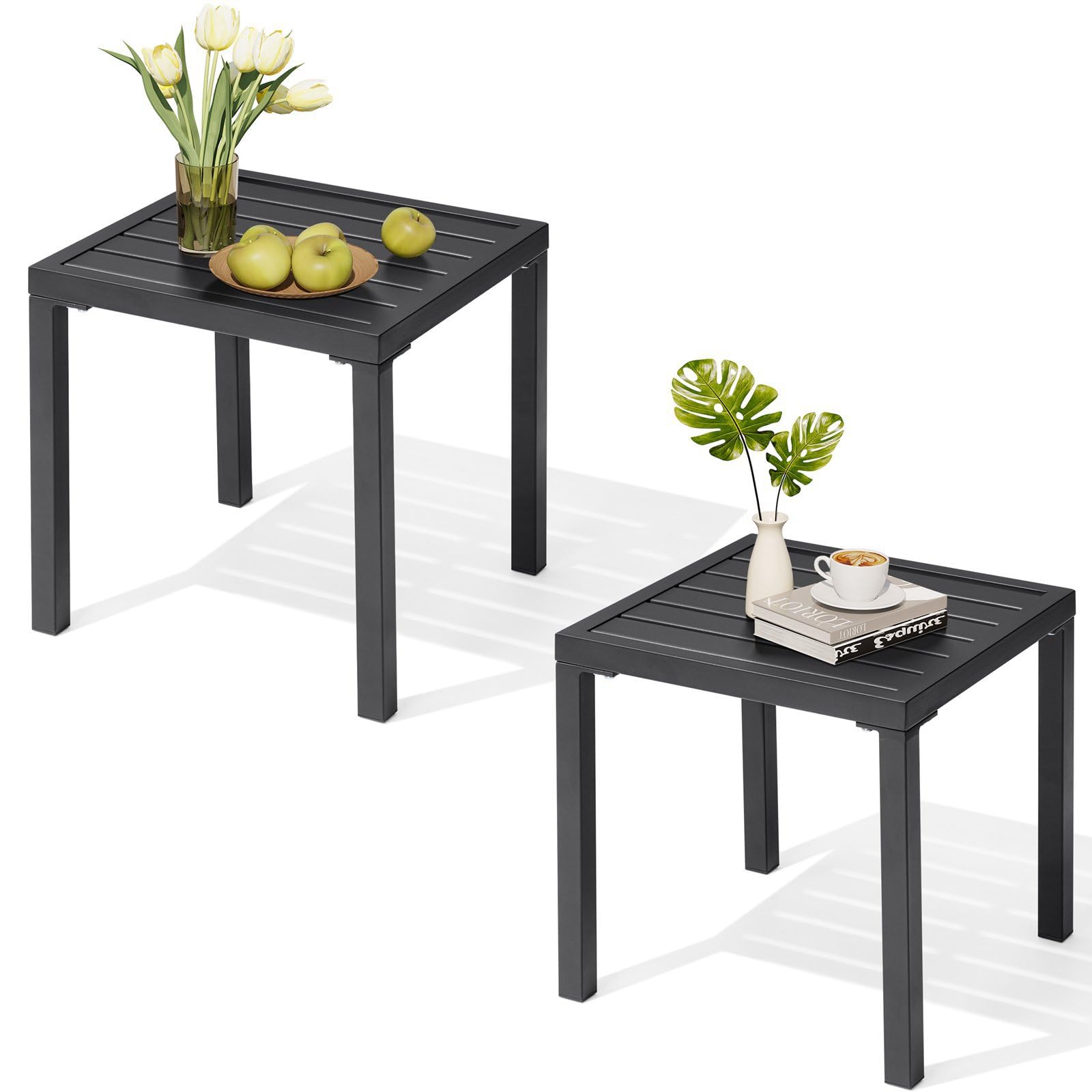 Crestlive Products Outdoor Side Table Set of 2,Black Small Square Metal End Table Weather Resistant Balcony Table for Pool Patio