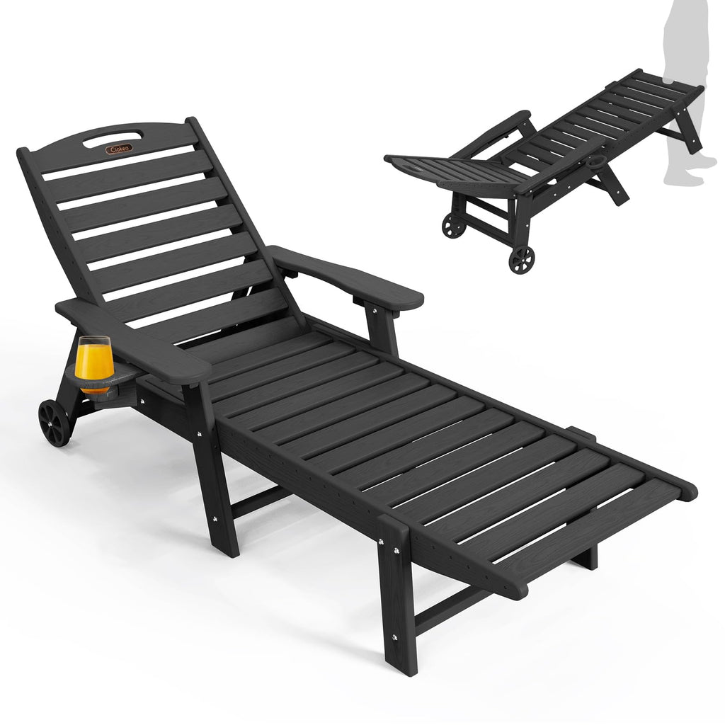 Ciokea Lounge Chair Outdoor, Oversized Chaise Lounge Chair with 5 Positions, HDPE, Patio Lounge Chair with Wheels & Cup Holder for Pool, Deck, Poolside, White