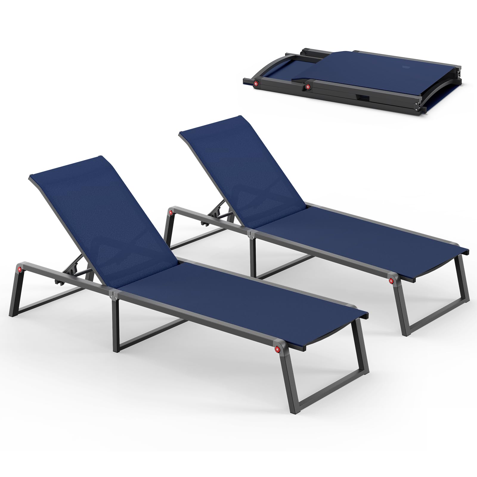 Aluminum Chaise Lounge Chair Outdoor, Foldable & No Assembly Pool Lounge Chairs 5-Position Recliner for Outside Poolside, Fully Grounded Legs Patio Sun Lounger for Pool, Beach, Yard, Dark Grey