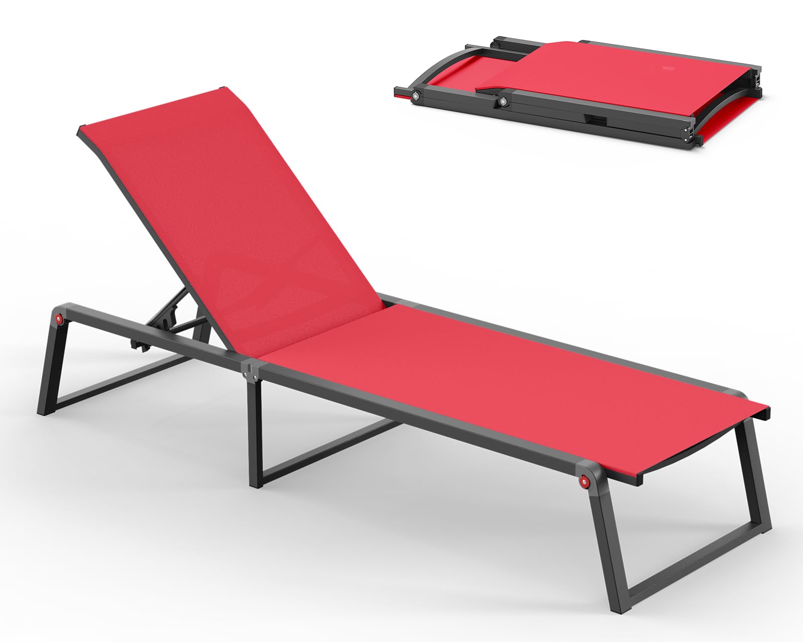 Aluminum Chaise Lounge Chair Outdoor, Foldable & No Assembly Pool Lounge Chairs 5-Position Recliner for Outside Poolside, Fully Grounded Legs Patio Sun Lounger for Pool, Beach, Yard, Dark Grey