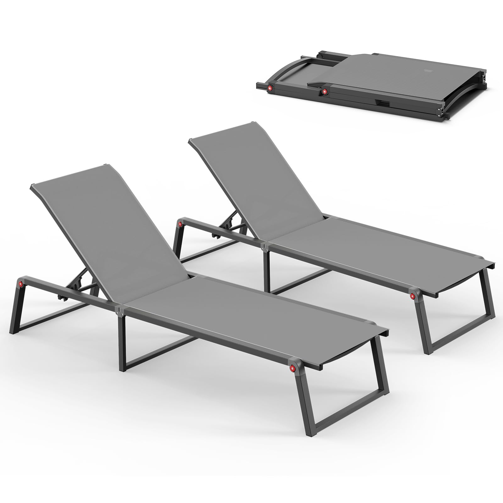 Aluminum Chaise Lounge Chair Outdoor, Foldable & No Assembly Pool Lounge Chairs 5-Position Recliner for Outside Poolside, Fully Grounded Legs Patio Sun Lounger for Pool, Beach, Yard, Dark Grey
