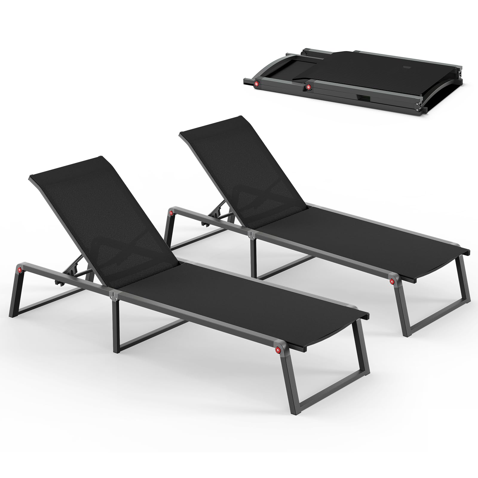 Aluminum Chaise Lounge Chair Outdoor, Foldable & No Assembly Pool Lounge Chairs 5-Position Recliner for Outside Poolside, Fully Grounded Legs Patio Sun Lounger for Pool, Beach, Yard, Dark Grey
