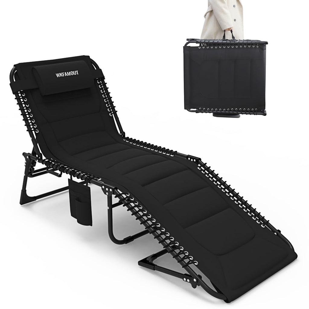 Oversized Padded Outdoor Folding Lounge Chair for Adults 330Ibs Patio Chaise Lounge Chair for Outside 5-Position Adjustable Reclining Beach Chair with Pillow Pocket