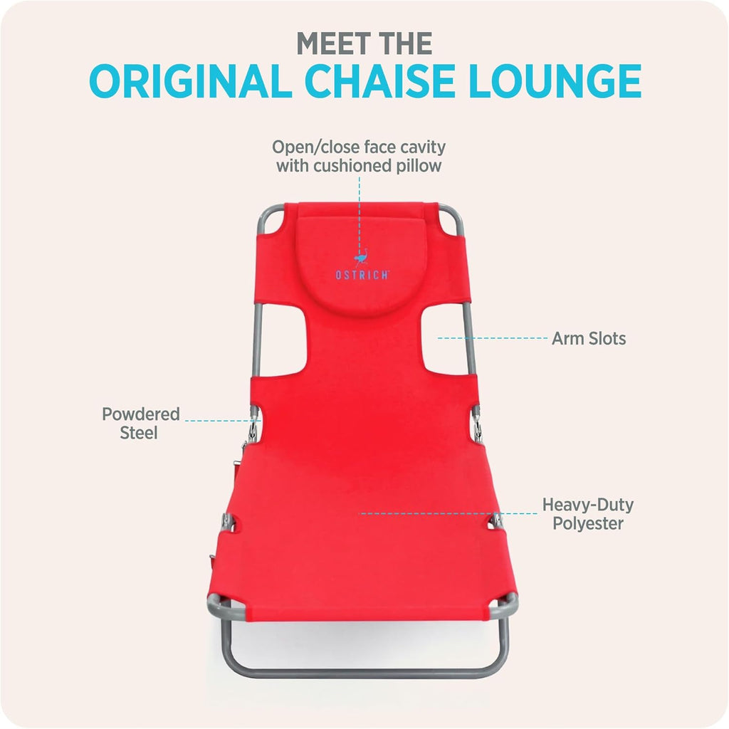 Ostrich the Original Chaise 72 x 22 Inch Lounge Portable Reclining Lounger, Outdoor Patio, Beach, Lawn, Camping, or Pool Tanning Chair, Red