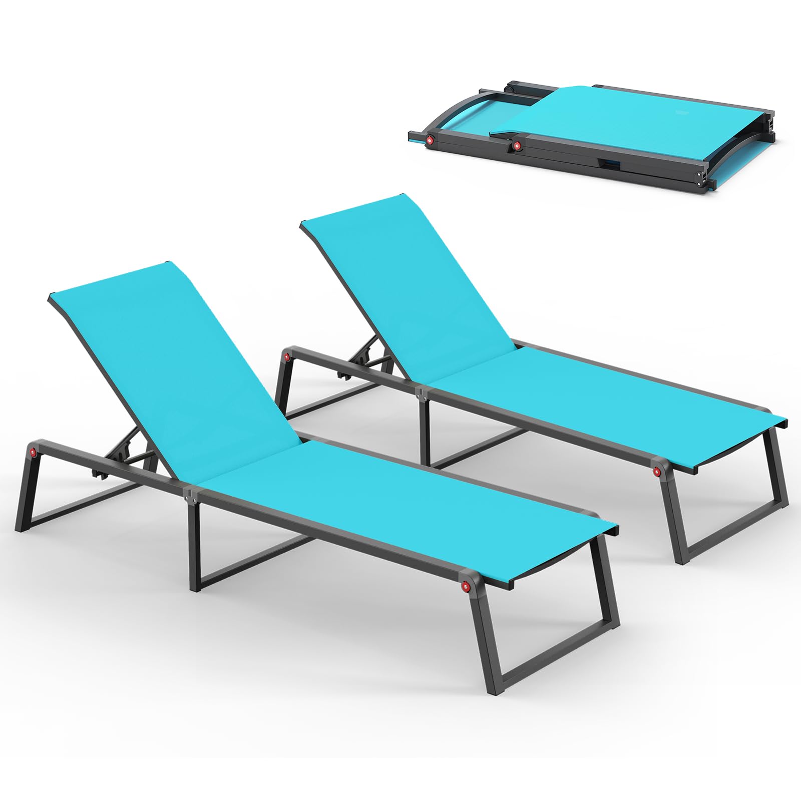 Aluminum Chaise Lounge Chair Outdoor, Foldable & No Assembly Pool Lounge Chairs 5-Position Recliner for Outside Poolside, Fully Grounded Legs Patio Sun Lounger for Pool, Beach, Yard, Dark Grey
