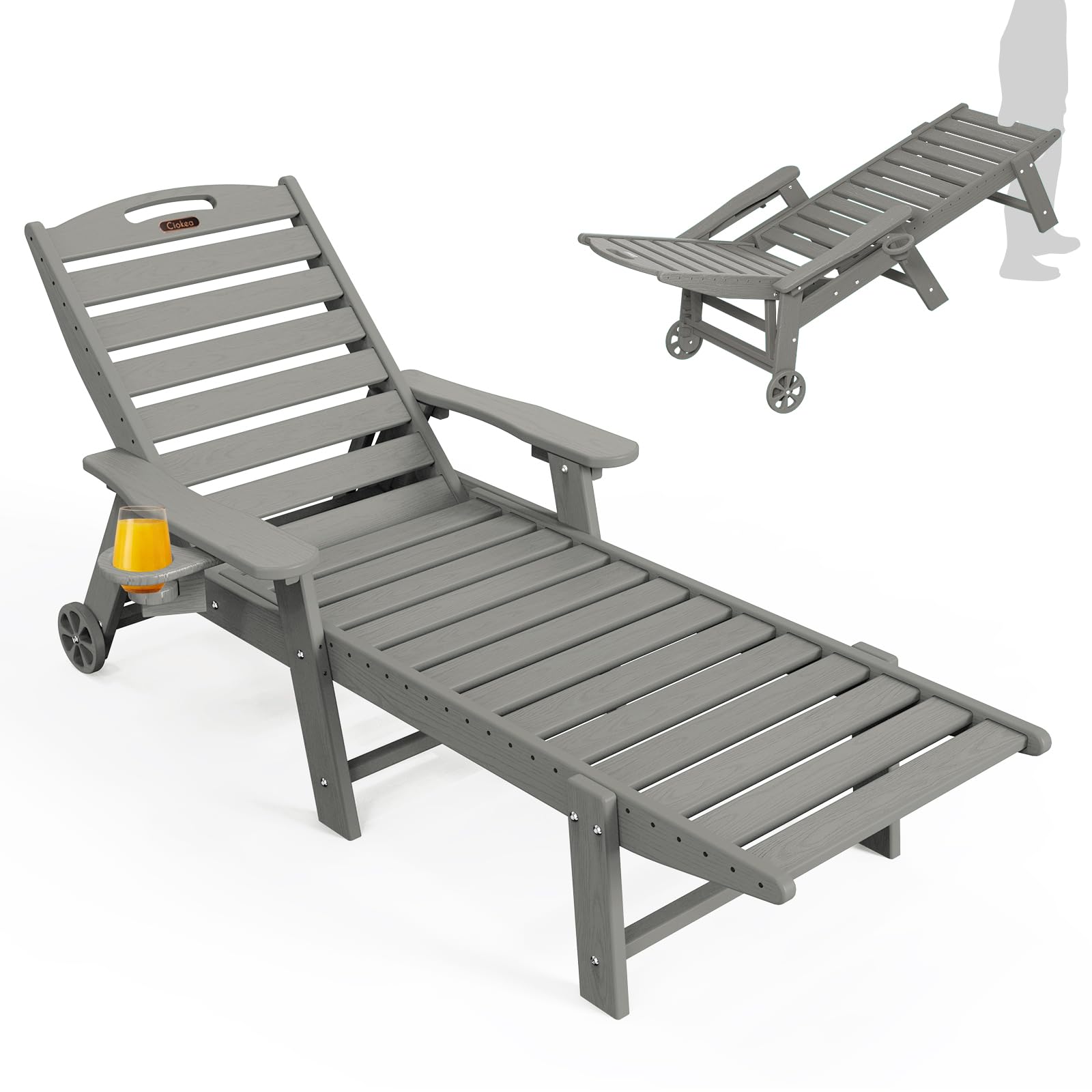 Ciokea Lounge Chair Outdoor, Oversized Chaise Lounge Chair with 5 Positions, HDPE, Patio Lounge Chair with Wheels & Cup Holder for Pool, Deck, Poolside, White