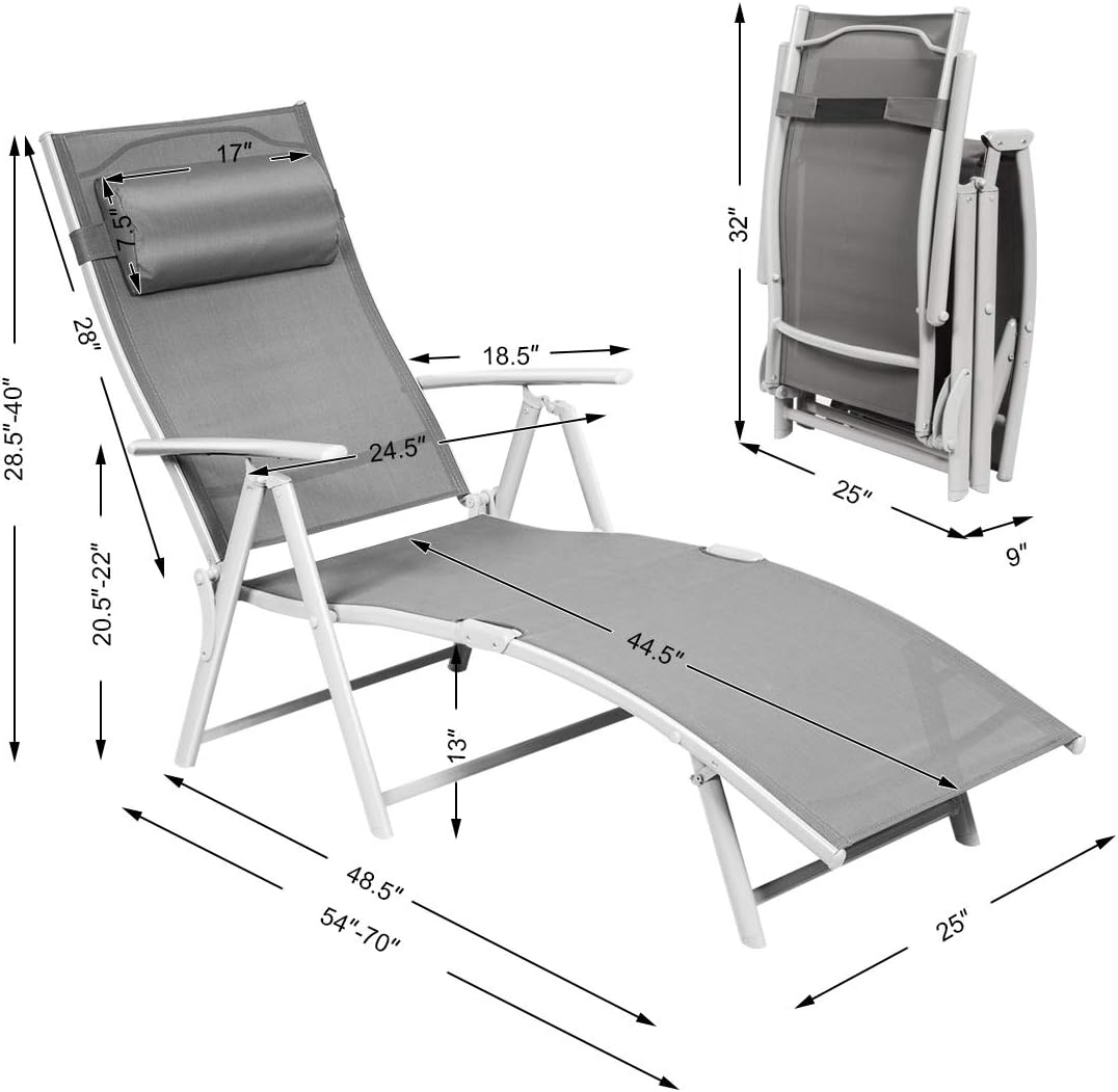 Tangkula Outdoor Folding Chaise Lounge Chair, Lightweight Recliner Chair w/ 7 Adjustable Backrest Positions, Patio Reclining Beach w/Removable Cushion & Pillow for Patio Poolside No Assembly Required