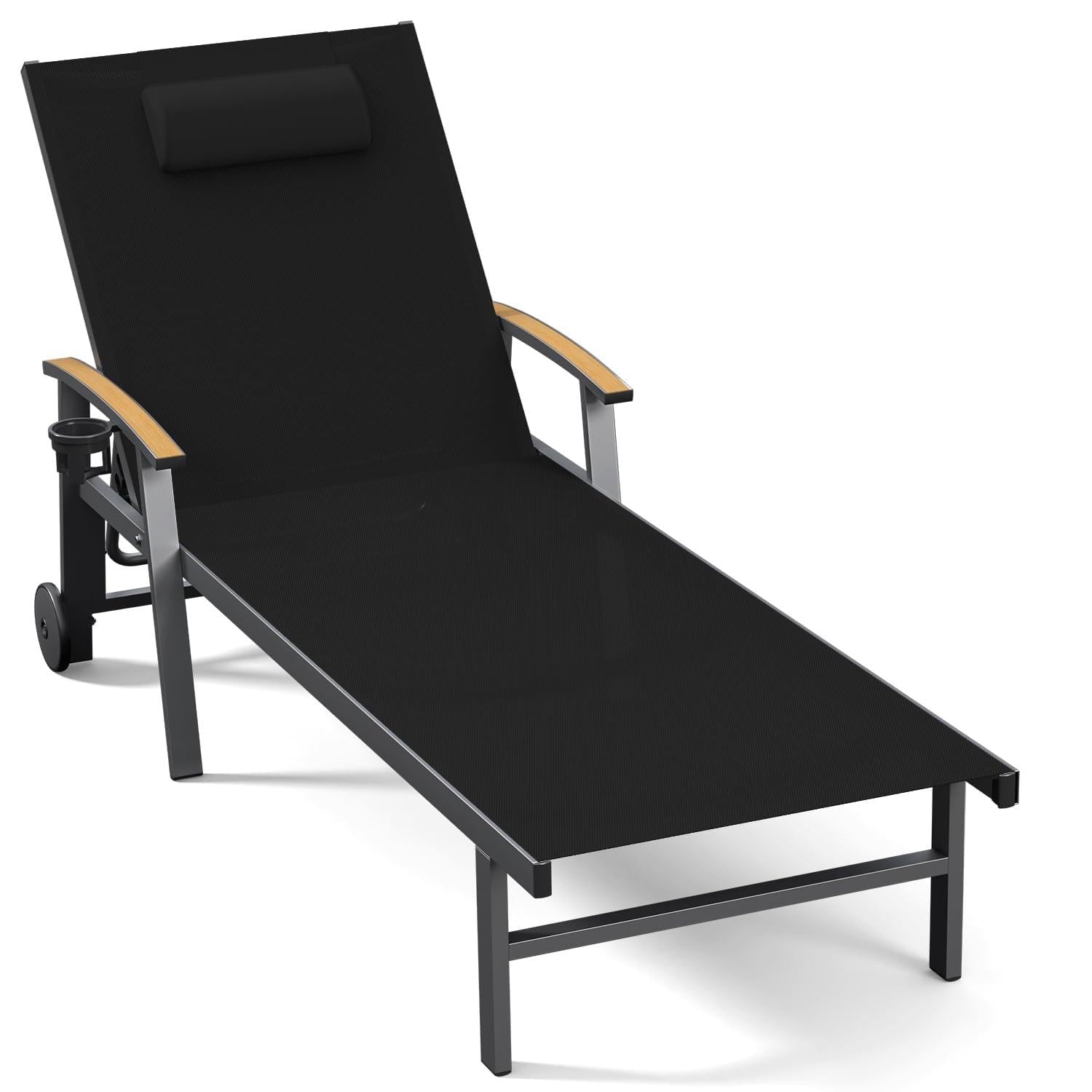 Ciokea Outdoor Lounge Chair with Pillow, 5-Position Aluminum Chaise Lounge with Wheels & Armrests, 400 lbs Heavy Duty Patio Pool Chair for Deck, Backyard, Beach & Poolside, Khaki