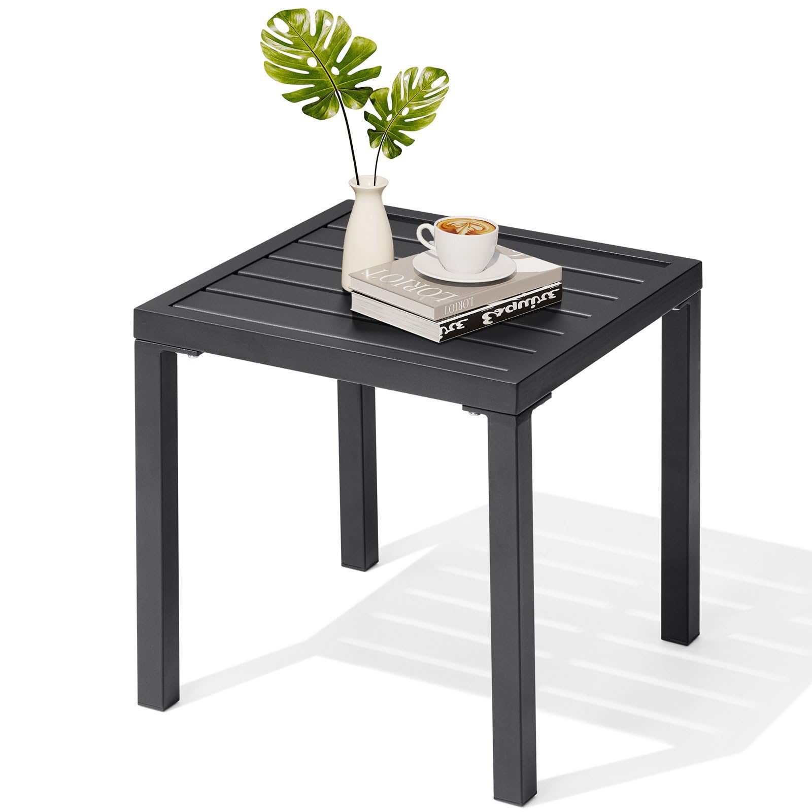Crestlive Products Outdoor Side Table Set of 2,Black Small Square Metal End Table Weather Resistant Balcony Table for Pool Patio