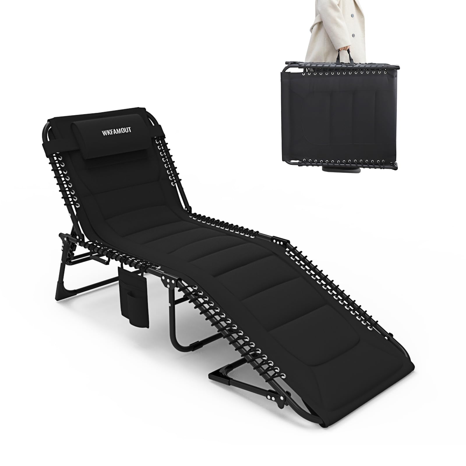 Oversized Padded Outdoor Folding Lounge Chair for Adults 330Ibs Patio Chaise Lounge Chair for Outside 5-Position Adjustable Reclining Beach Chair with Pillow Pocket