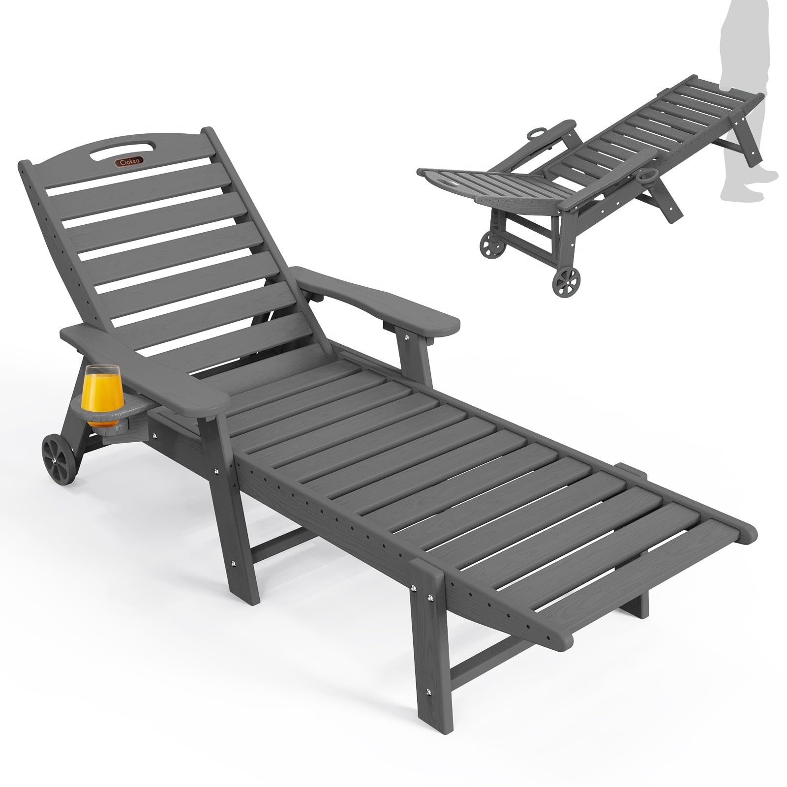 Ciokea Lounge Chair Outdoor, Oversized Chaise Lounge Chair with 5 Positions, HDPE, Patio Lounge Chair with Wheels & Cup Holder for Pool, Deck, Poolside, White