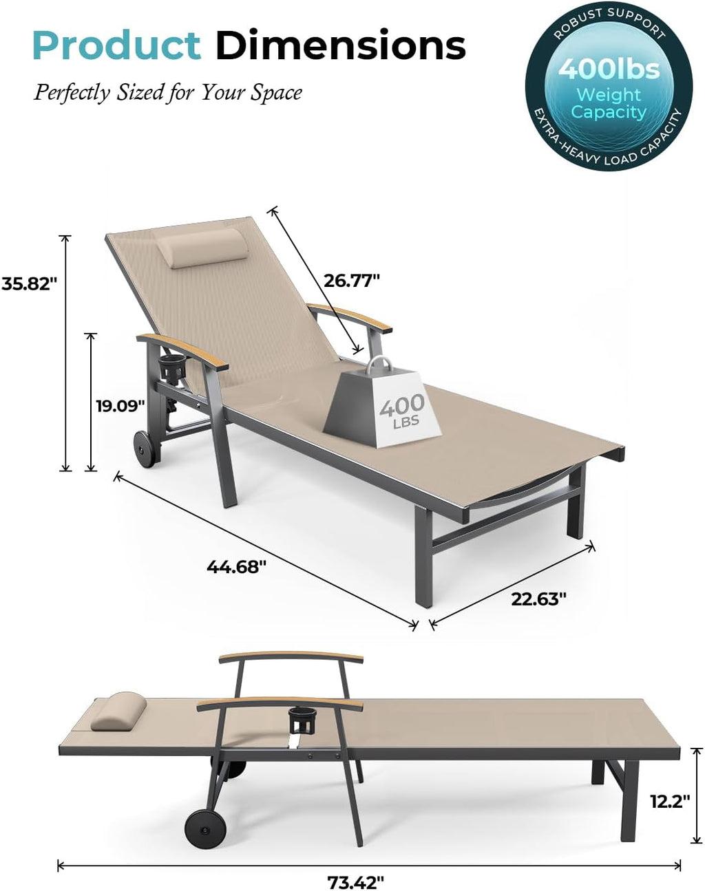 Ciokea Outdoor Lounge Chair with Pillow, 5-Position Aluminum Chaise Lounge with Wheels & Armrests, 400 lbs Heavy Duty Patio Pool Chair for Deck, Backyard, Beach & Poolside, Khaki