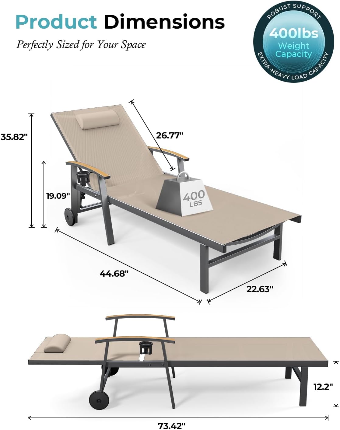 Ciokea Outdoor Lounge Chair with Pillow, 5-Position Aluminum Chaise Lounge with Wheels & Armrests, 400 lbs Heavy Duty Patio Pool Chair for Deck, Backyard, Beach & Poolside, Khaki