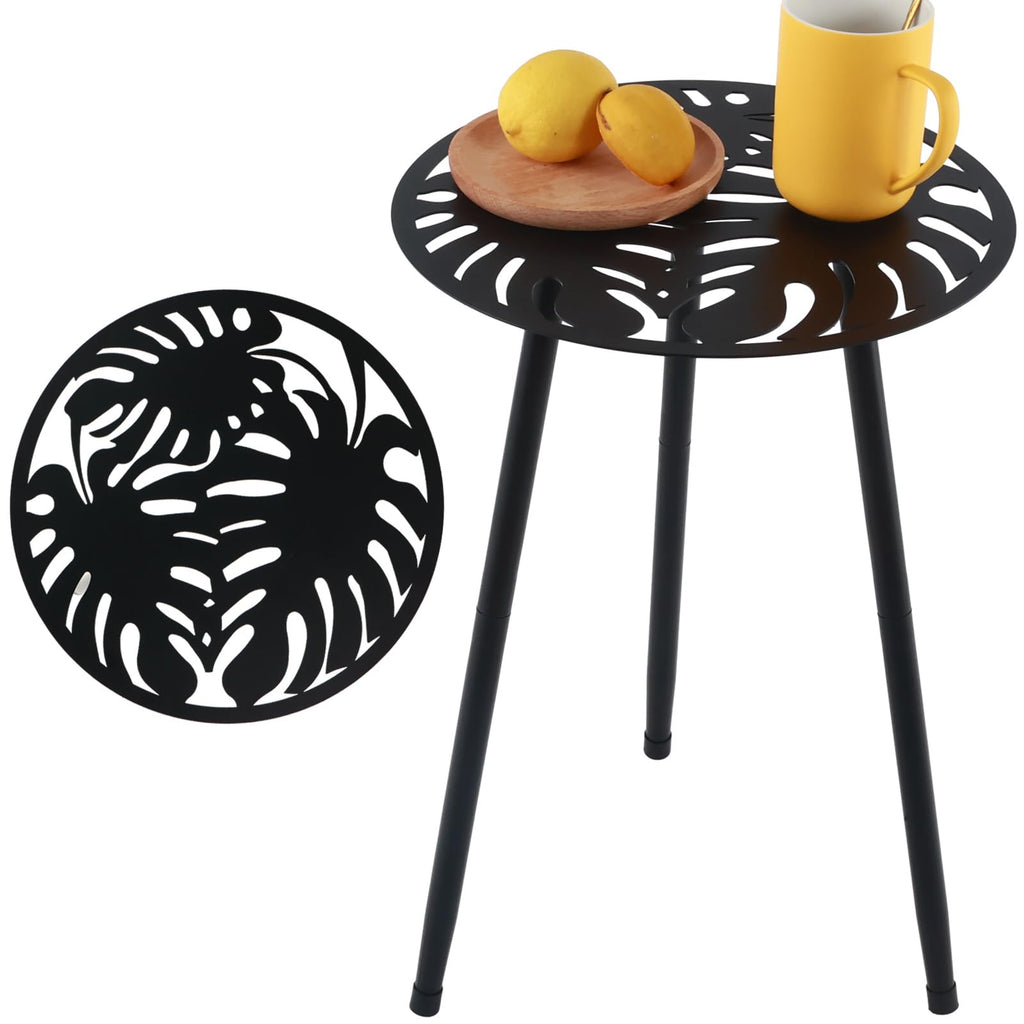 Metal Outdoor Side Tables Set of Two Small Outside Round End Table for Patio Modern Accent Garden Corner Table for Small Spaces, Balcony, Porch, Weather-Resistant, Plant Stand Indoor, Black