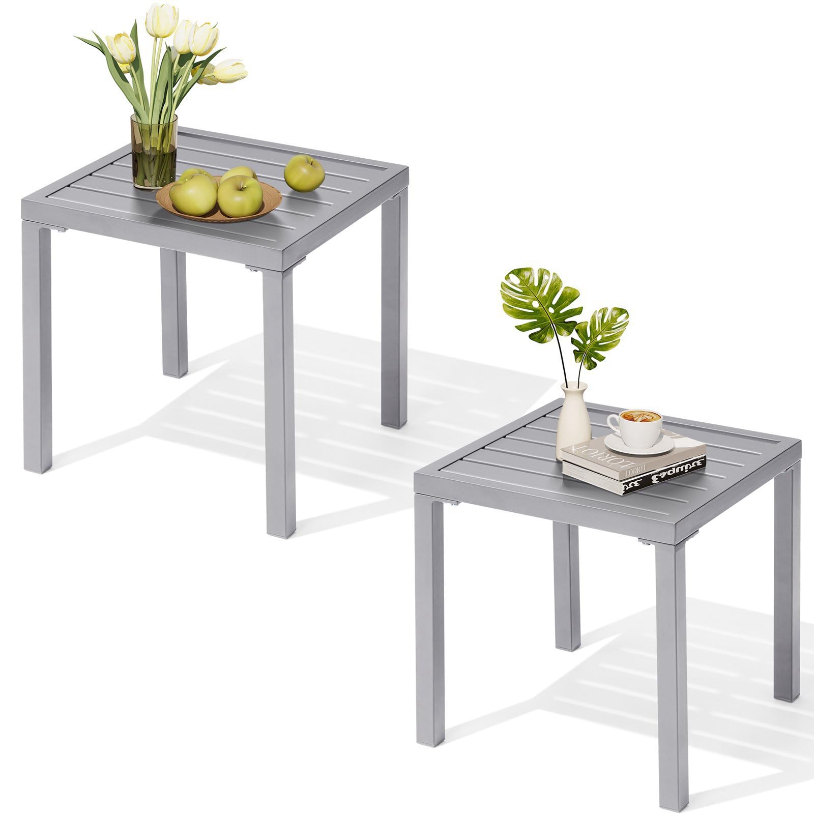 Crestlive Products Outdoor Side Table Set of 2,Black Small Square Metal End Table Weather Resistant Balcony Table for Pool Patio