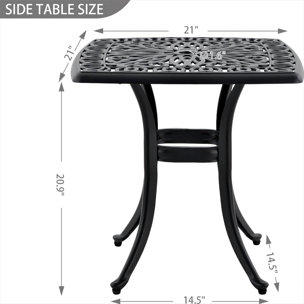 Outdoor 21" Cast Aluminum Square Side Table Set of 2 End Table for Patio, Backyard, Pool, Indoor Companion, Easy Maintenance and Weather Resistant, Black