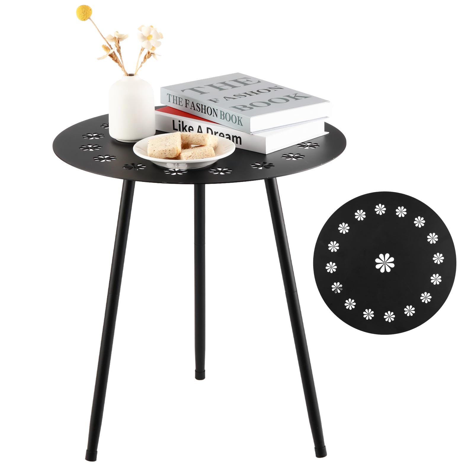 Outdoor Side Table Set of 2 Patio Round Tables for Outside Black End Tables Small Coffee Table End Table Modern Metal Porch Plant Stands for Balcony, Indoor, Bedroom, Living Room, Small Spaces
