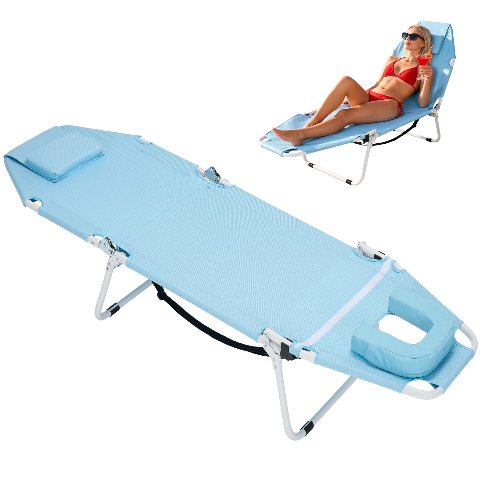 ABORON Heavy Duty Tanning Chair,Outdoor 5-Position Folding Chaise Lounge Chair with Pad,Portable Beach Lounge Chair for Outdoor Sunbathing Patio Pool Lawn Deck Poolside