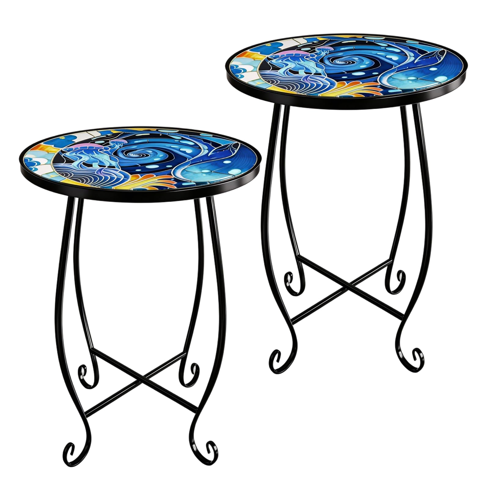 Set of 2 Mosaic Outdoor Side Tables Round, 15 Inch Height - Small Patio Table Set, Foldable Sun Pattern Metal Plant Stands for Garden, Balcony & Yard (Mosaic Sun, 2 Pack)