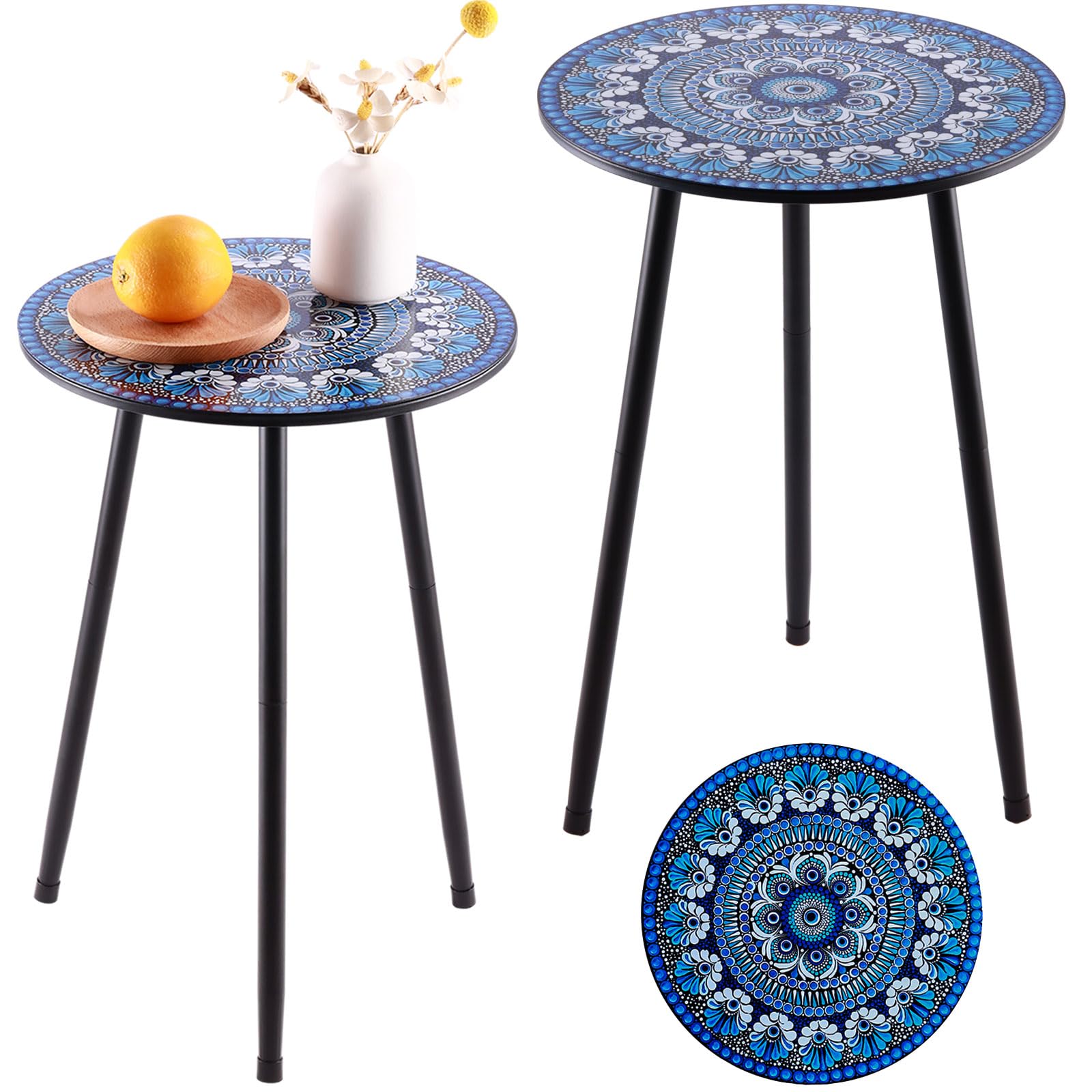 Metal Outdoor Side Tables Set of Two Small Outside Round End Table for Patio Modern Accent Garden Corner Table for Small Spaces, Balcony, Porch, Weather-Resistant, Plant Stand Indoor, Black