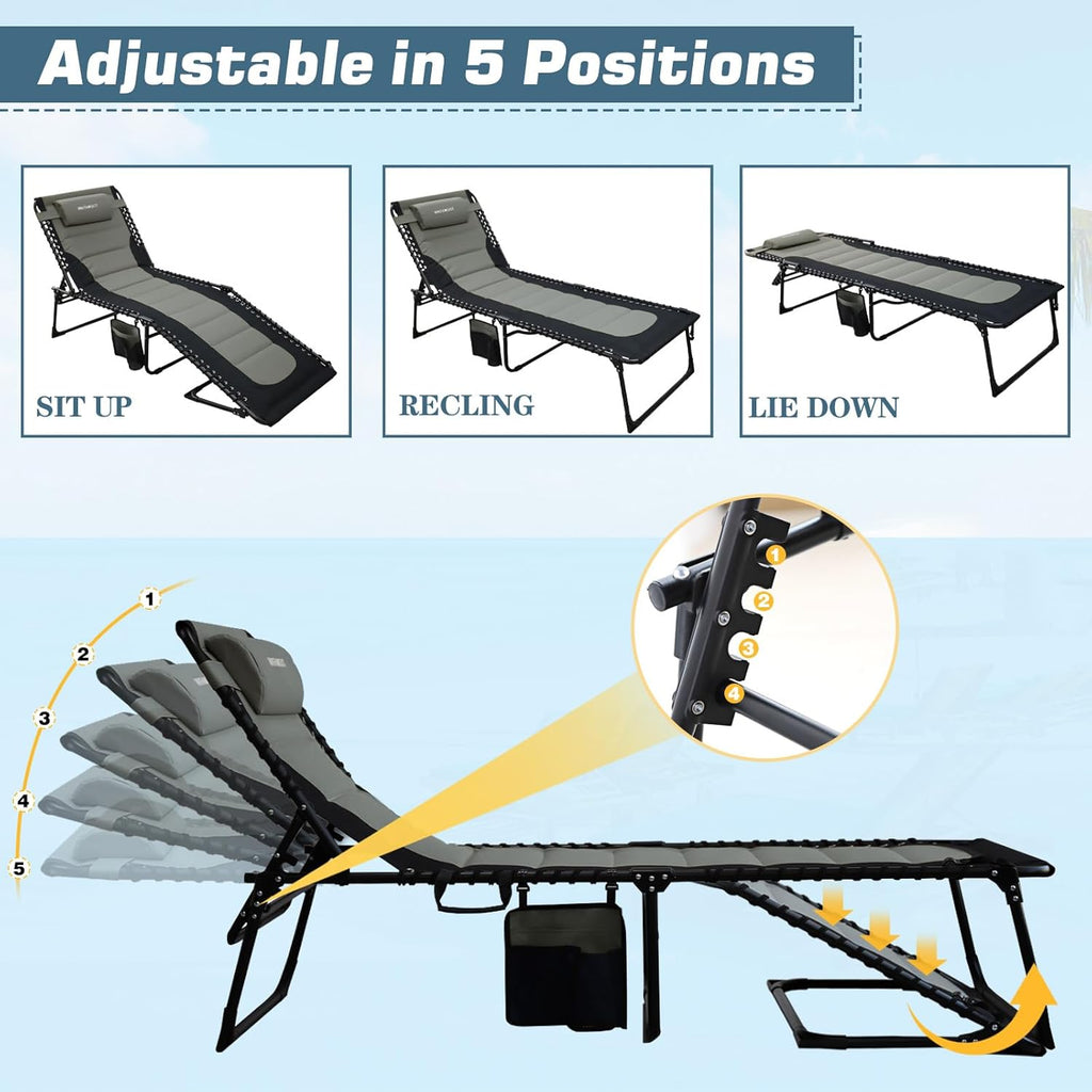 Oversized Padded Outdoor Folding Lounge Chair for Adults 330Ibs Patio Chaise Lounge Chair for Outside 5-Position Adjustable Reclining Beach Chair with Pillow Pocket