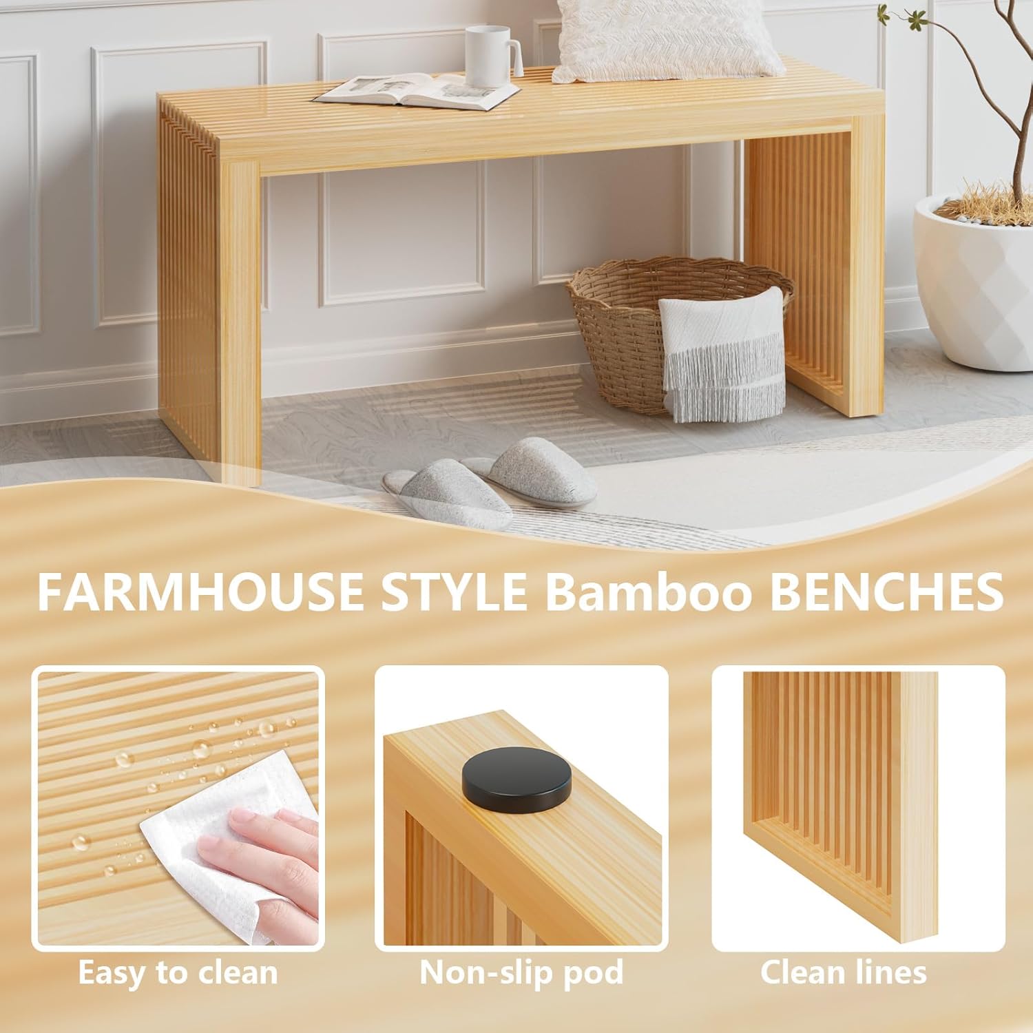 Bamboo Dining Bench Indoor Long Entryway Shoe Rack Benchs,Outdoor Modern Wood Benches 35 Inch Bamboo Bench for Living Room Hallway Bedroom Bathroom