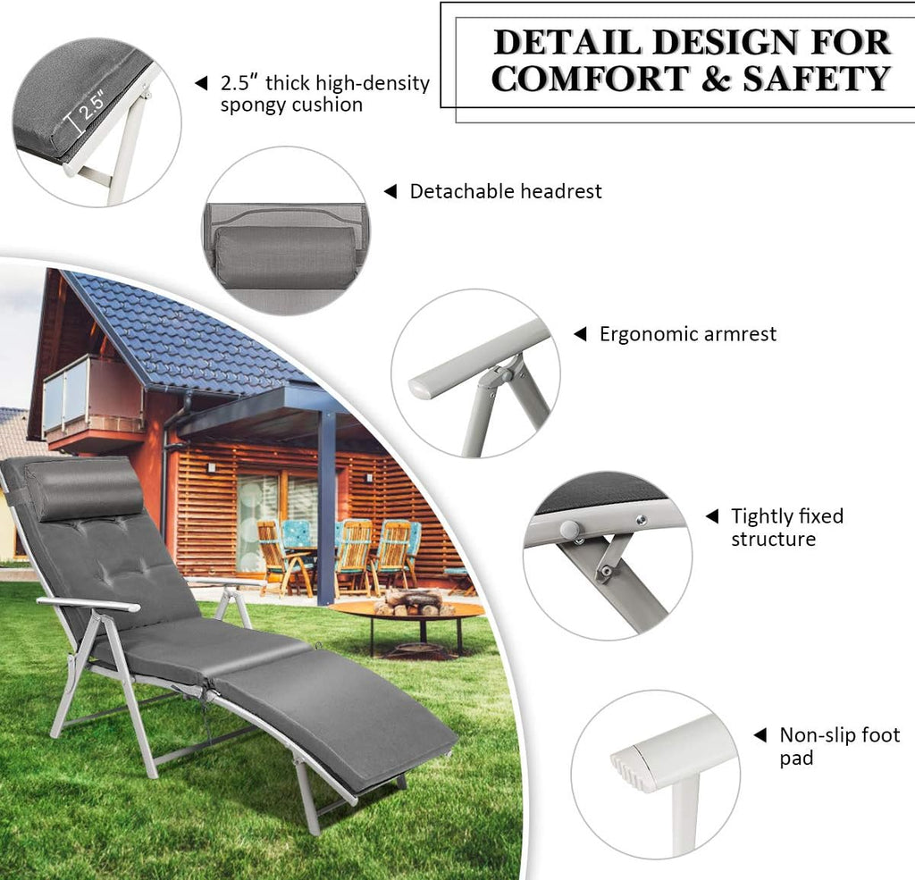 Tangkula Outdoor Folding Chaise Lounge Chair, Lightweight Recliner Chair w/ 7 Adjustable Backrest Positions, Patio Reclining Beach w/Removable Cushion & Pillow for Patio Poolside No Assembly Required