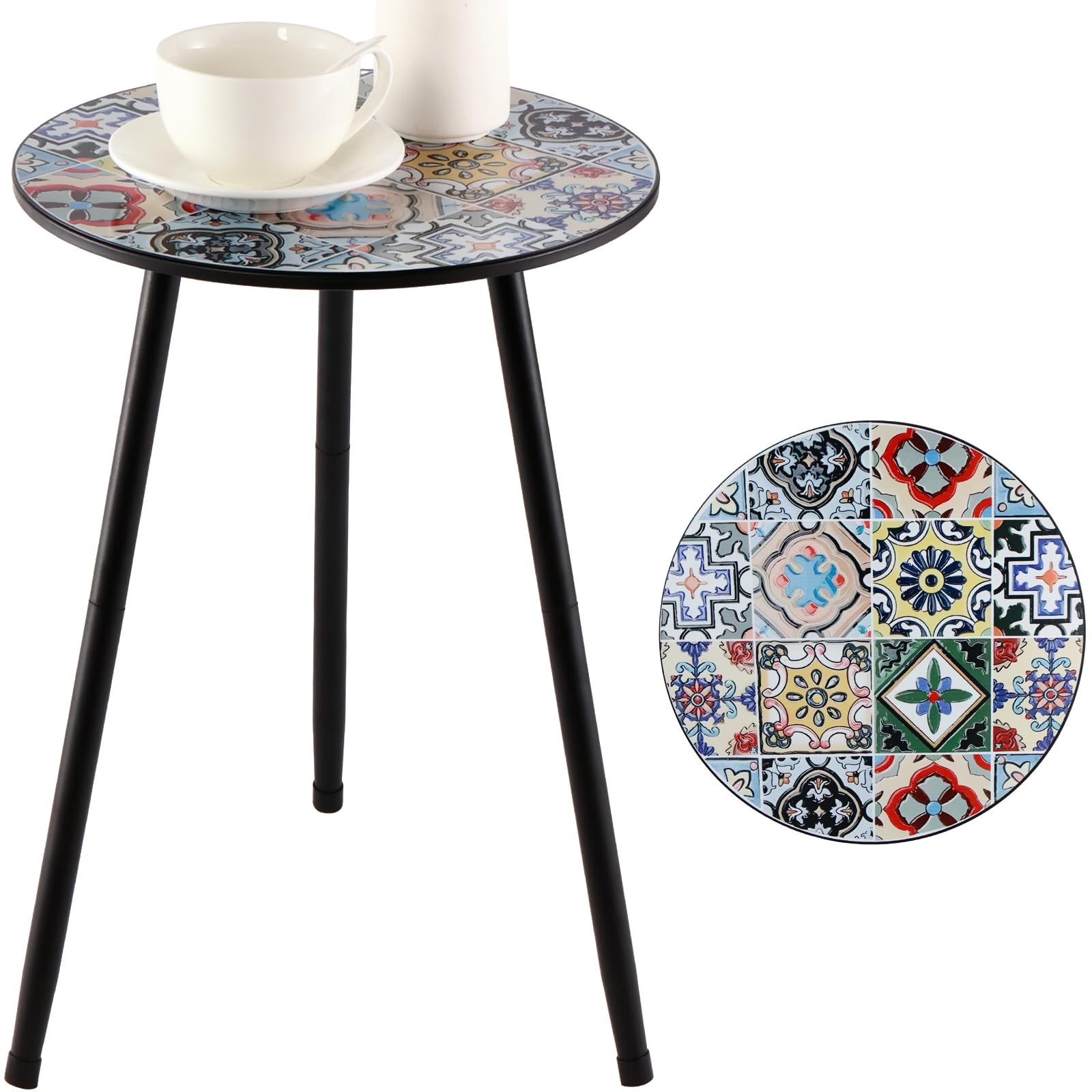 Metal Outdoor Side Tables Set of Two Small Outside Round End Table for Patio Modern Accent Garden Corner Table for Small Spaces, Balcony, Porch, Weather-Resistant, Plant Stand Indoor, Black