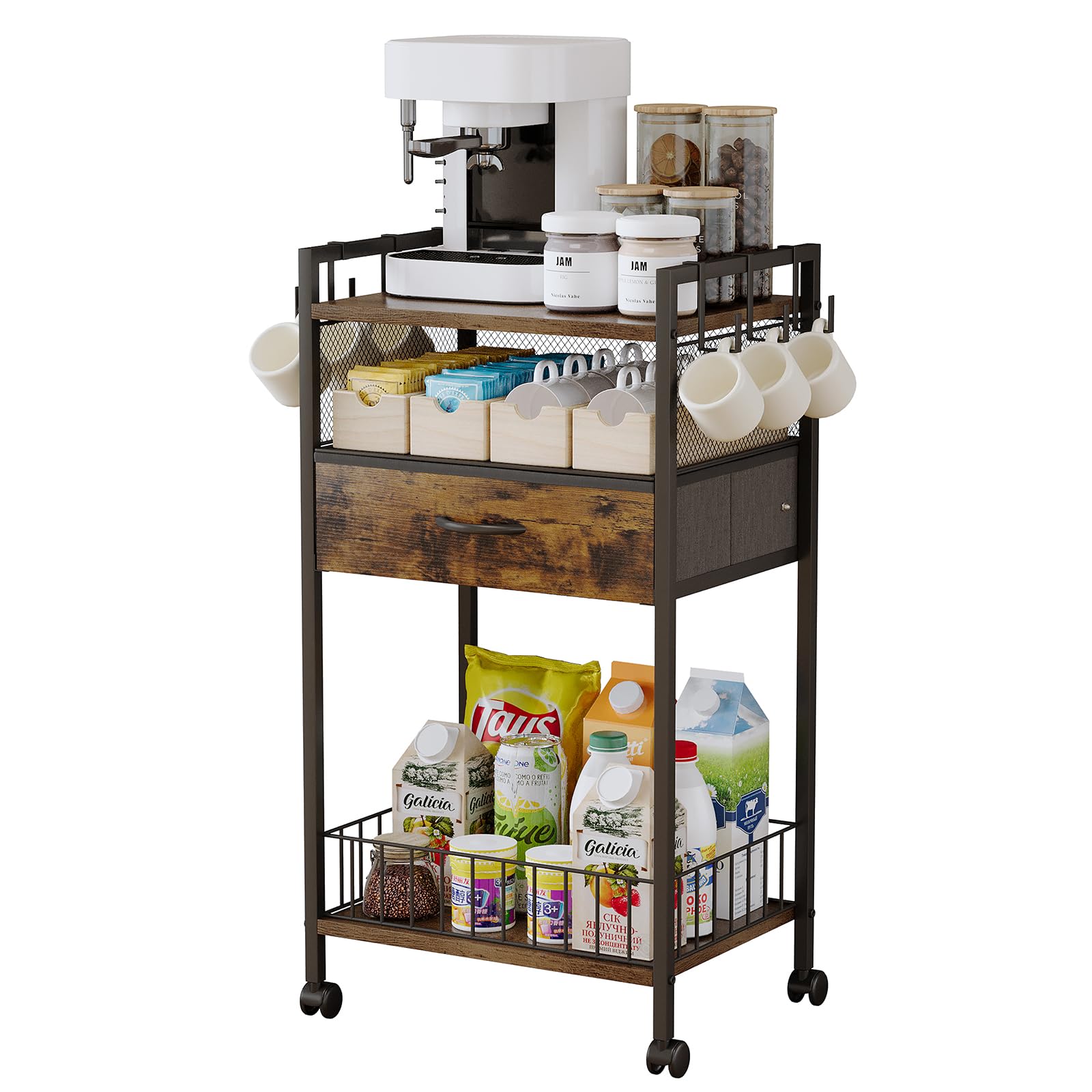 Small Coffee Bar Cart with Drawer Srorage, Office Coffee Bar Station Organizer Mug Cup Holder Stand, K Cup Holder Rack for Home Buffets & Sideboards for Kichen, Entryway, Living Room (Black)