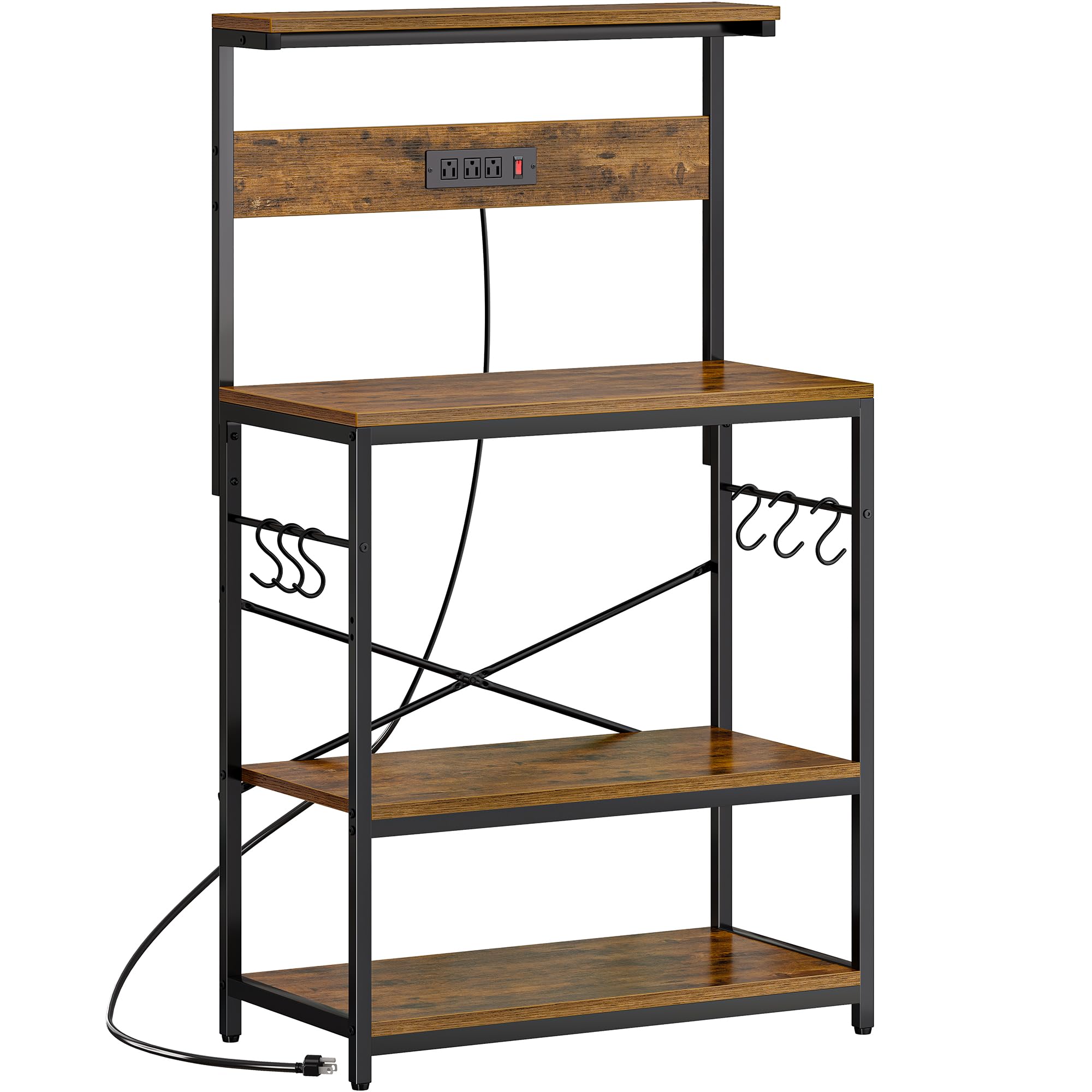 SUPERJARE Kitchen Bakers Rack with Power Outlet, Coffee Bar Table 4 Tiers, Kitchen Microwave Stand with 6 S-Shaped Hooks, Storage Shelf Rack for Spices, Pots and Pans - Rustic Brown
