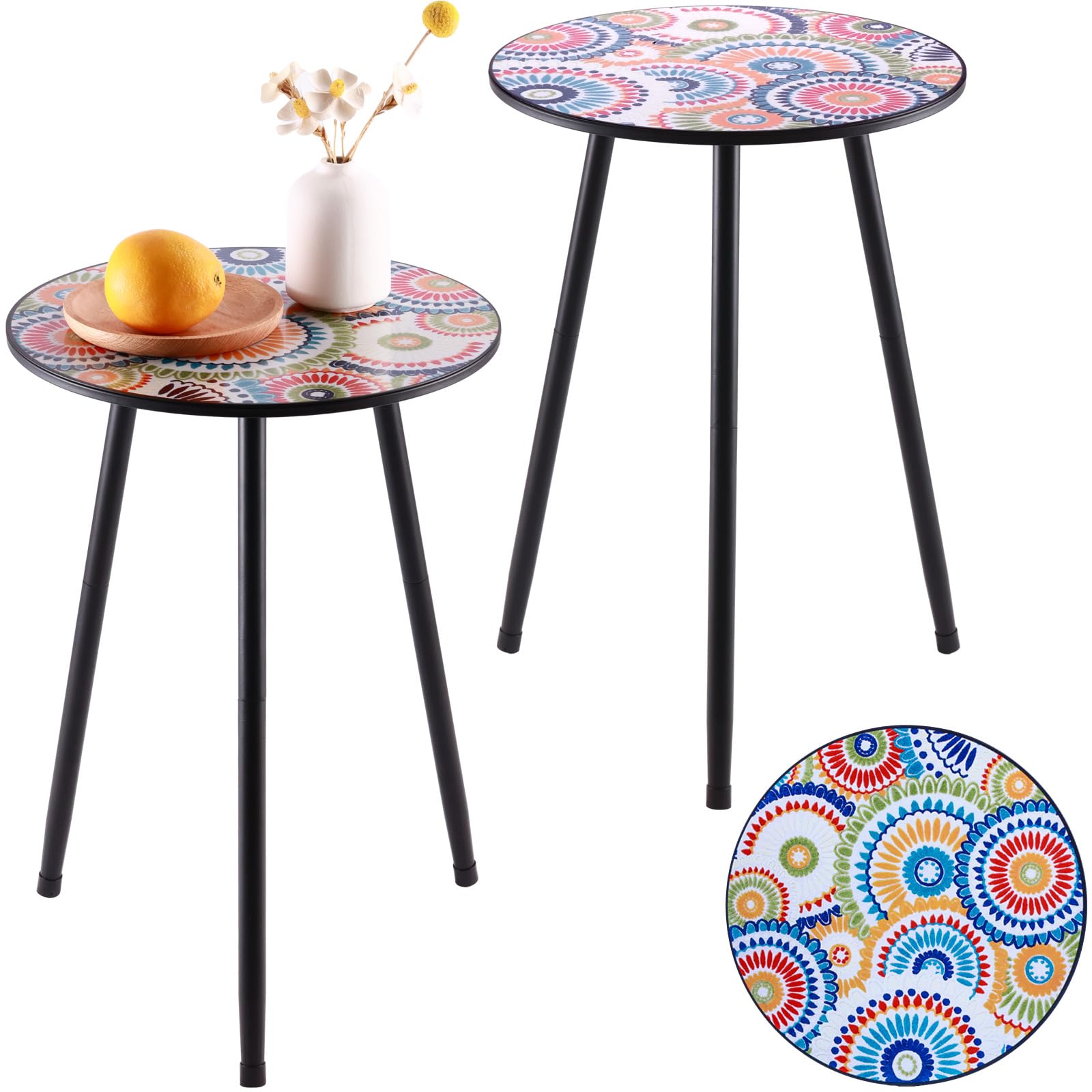 Metal Outdoor Side Tables Set of Two Small Outside Round End Table for Patio Modern Accent Garden Corner Table for Small Spaces, Balcony, Porch, Weather-Resistant, Plant Stand Indoor, Black