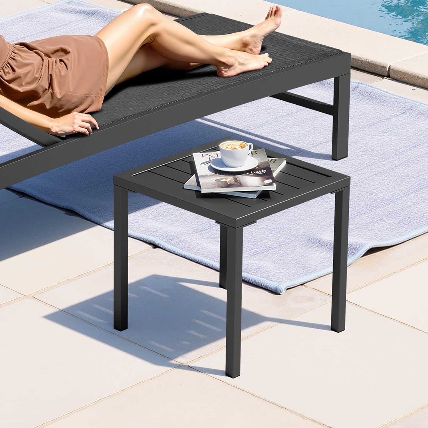 Crestlive Products Aluminum Outdoor Side Table Set of 2, Pool Lounge Chair Side Table, Weather Resistant Small Square Coffee End Table for Patio, Yard, Garden, Porch, Deck, Outdoor