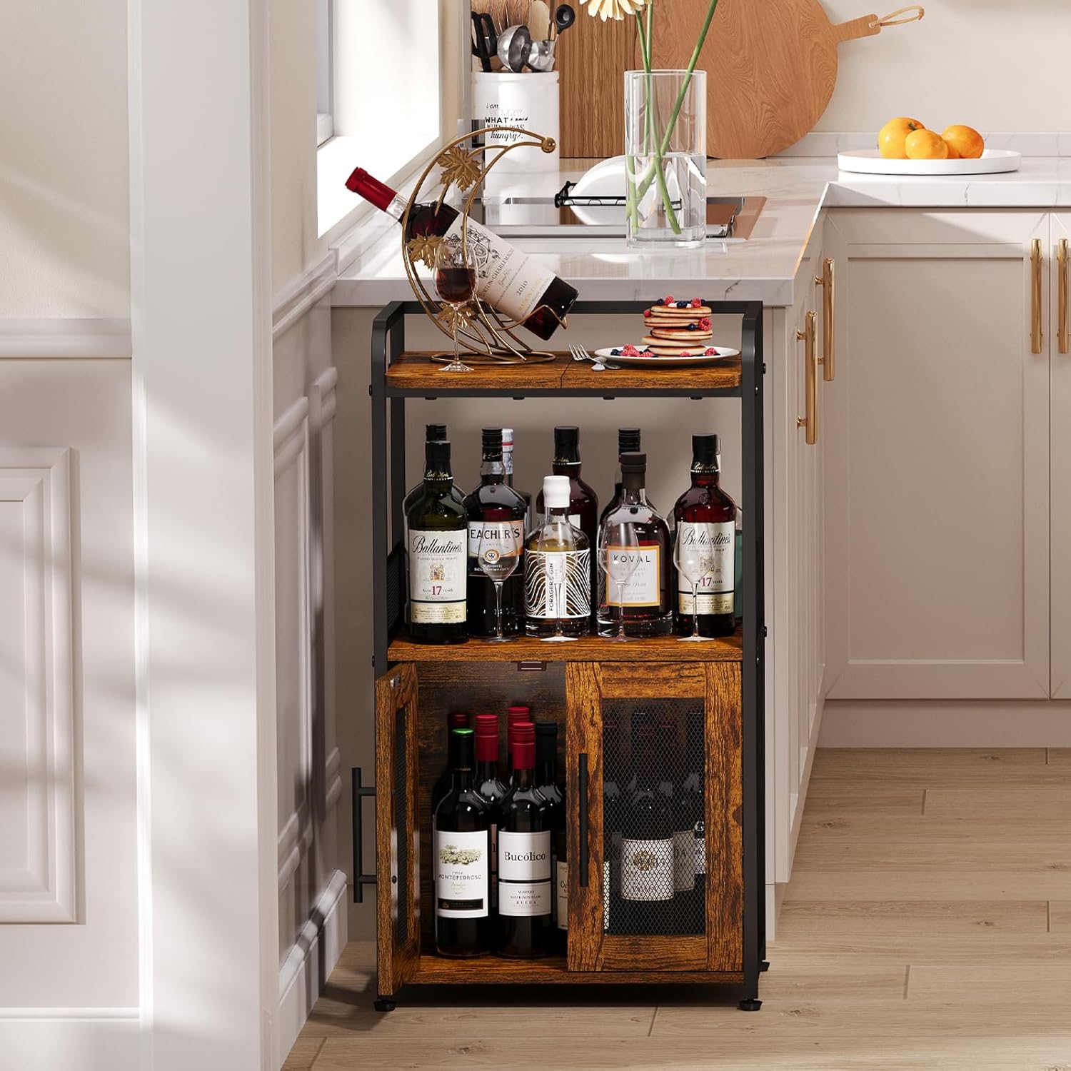 Small Coffee Bar Cabinet with Storage, 3-Tier Rolling Coffee Bar Table, Farmhouse Coffee Cart Station with 2 Doors for Living Room, Dining Room, Rustic Brown