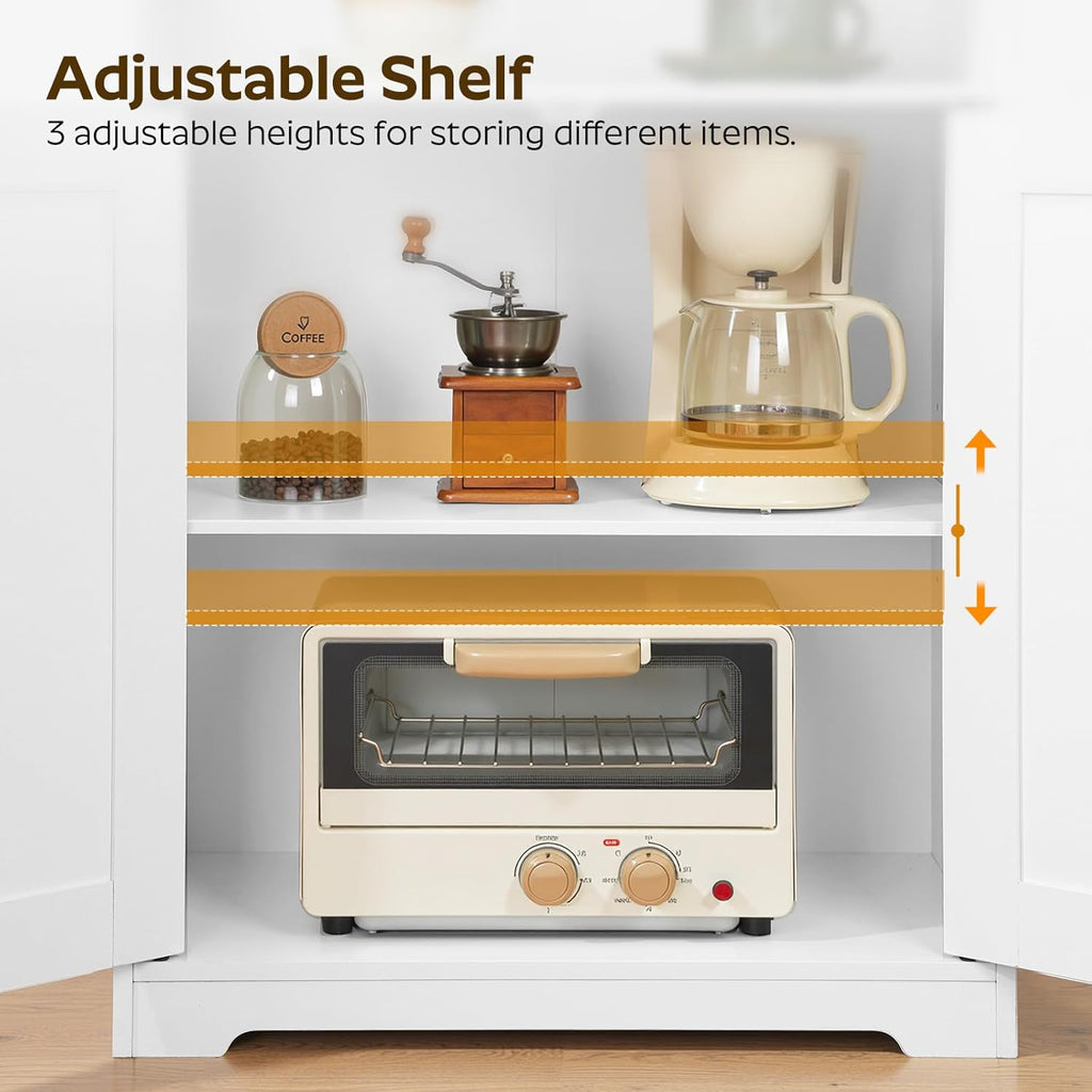Coffee Bar Cabinet, Kitchen Island with Storage, Farmhouse Sideboard Buffet Cabinet with Dual-Purpose Floating Shelf and Hooks, for Kitchen Living Room, White and Natural KF22WN