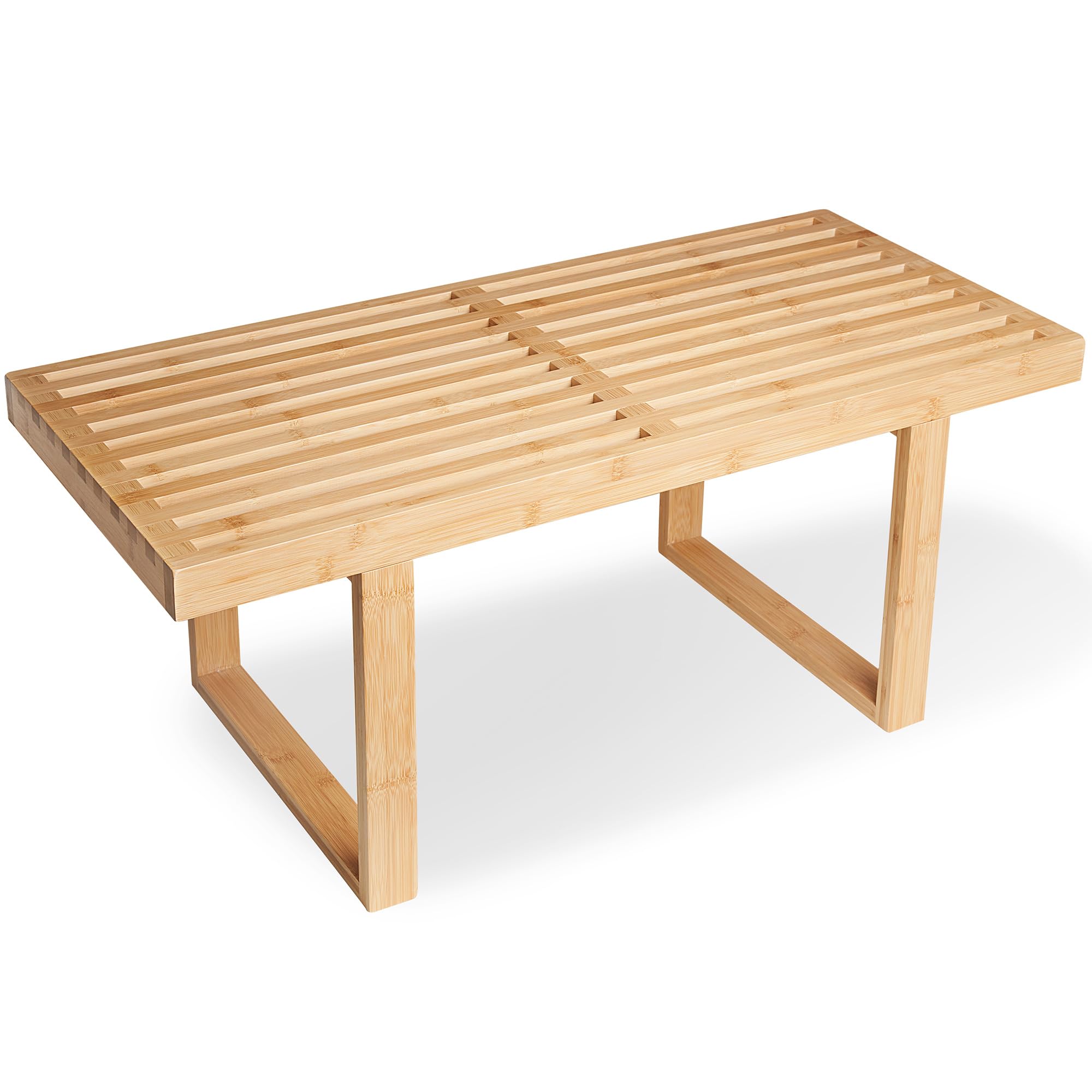 Bamboo Natural 36 inch Wooden Bench, Small Wood Benches for Entryway, Living & Dining Room, Kitchen, Bedroom, Bathroom, Hallway, Front Door, For Indoor & Outdoor Patio Use, Mid Century Modern Decor