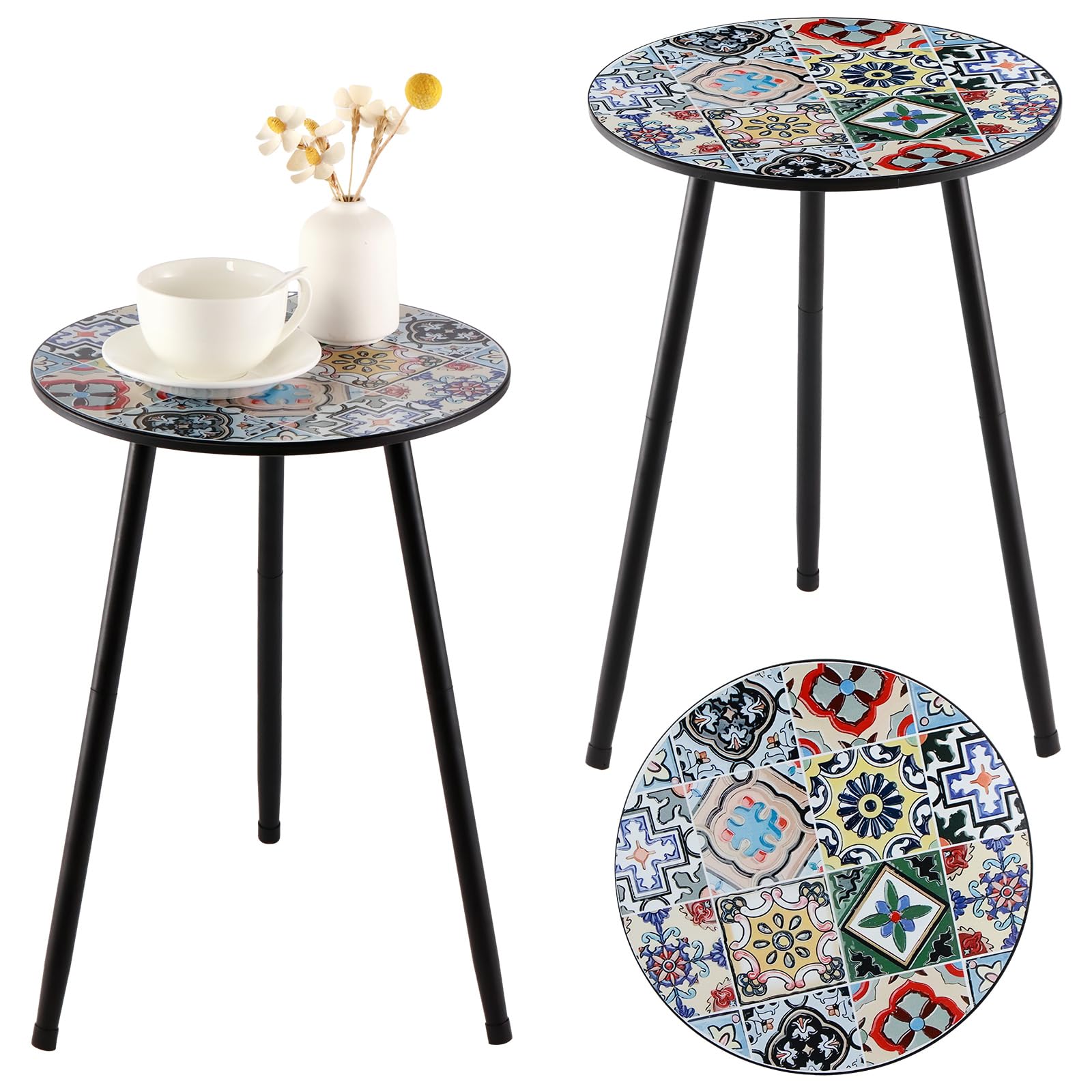 Metal Outdoor Side Tables Set of Two Small Outside Round End Table for Patio Modern Accent Garden Corner Table for Small Spaces, Balcony, Porch, Weather-Resistant, Plant Stand Indoor, Black