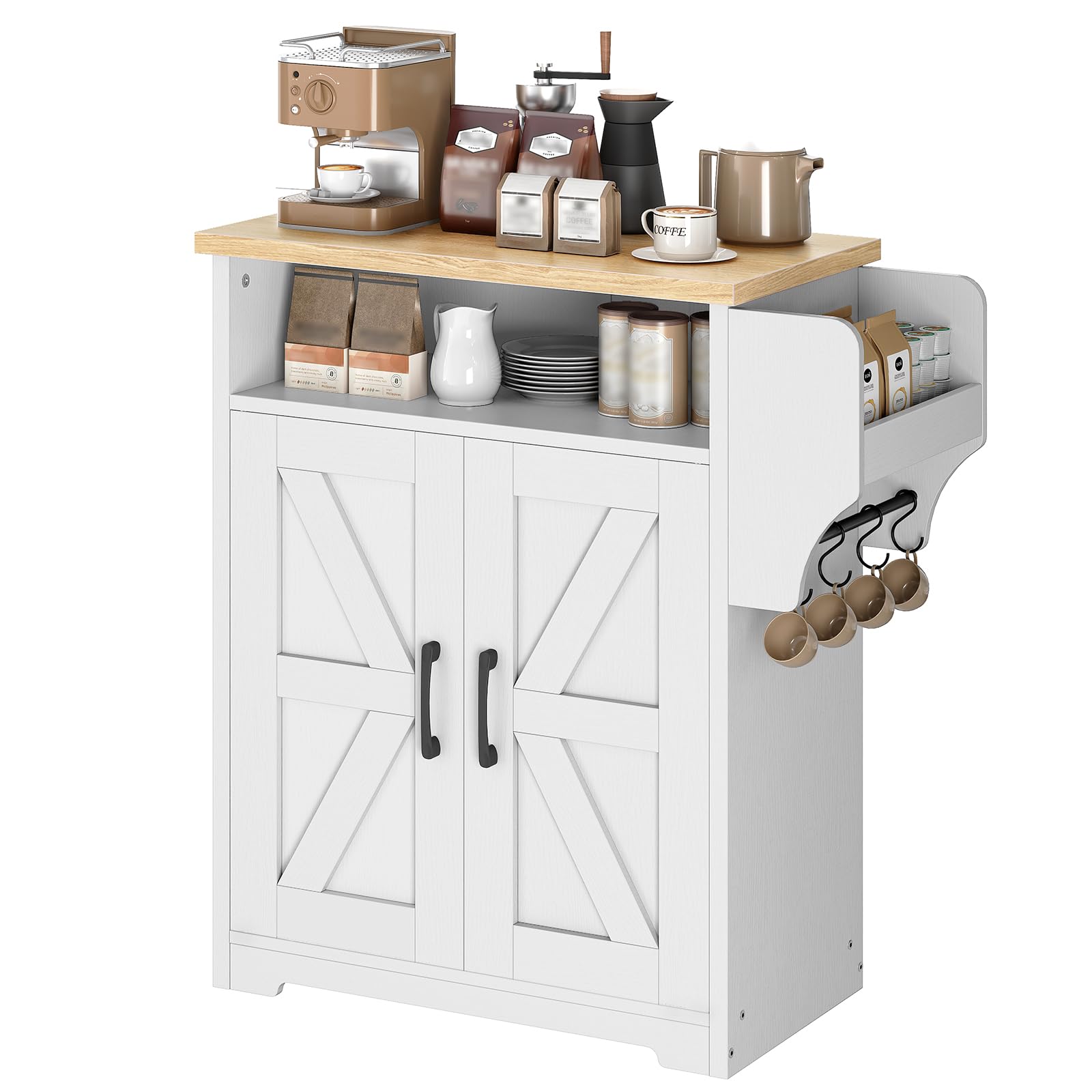 Coffee Bar Cabinet, Kitchen Island with Storage, Farmhouse Sideboard Buffet Cabinet with Dual-Purpose Floating Shelf and Hooks, for Kitchen Living Room, White and Natural KF22WN