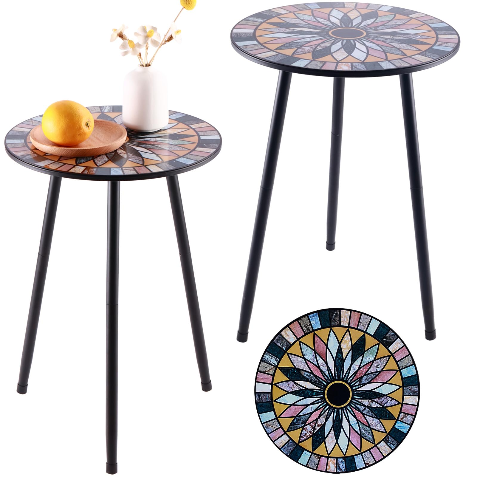 Metal Outdoor Side Tables Set of Two Small Outside Round End Table for Patio Modern Accent Garden Corner Table for Small Spaces, Balcony, Porch, Weather-Resistant, Plant Stand Indoor, Black