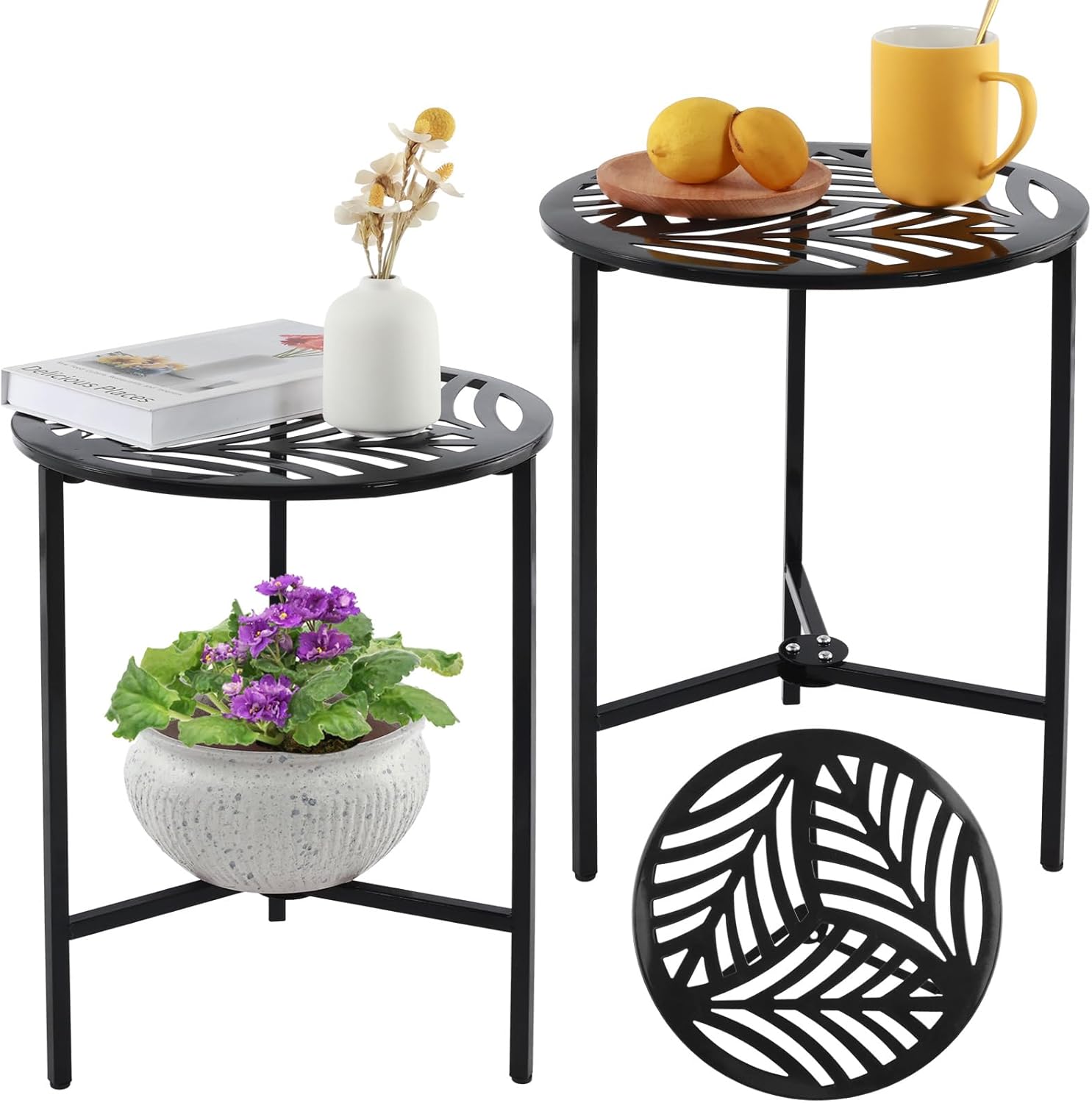 Party Zealot Set of 2 Small Round Metal Side Tables, 13-Inch Black Outdoor End Tables for Patio, Balcony, Porch or Garden – Weather-Resistant Corner Coffee Table for Small Spaces & Indoor Plant Stand