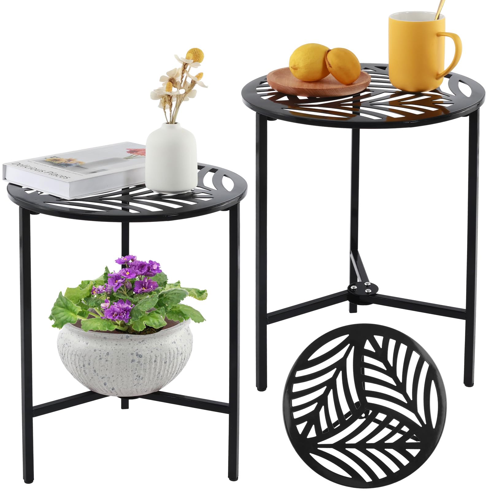 Party Zealot Set of 2 Small Round Metal Side Tables, 13-Inch Black Outdoor End Tables for Patio, Balcony, Porch or Garden – Weather-Resistant Corner Coffee Table for Small Spaces & Indoor Plant Stand